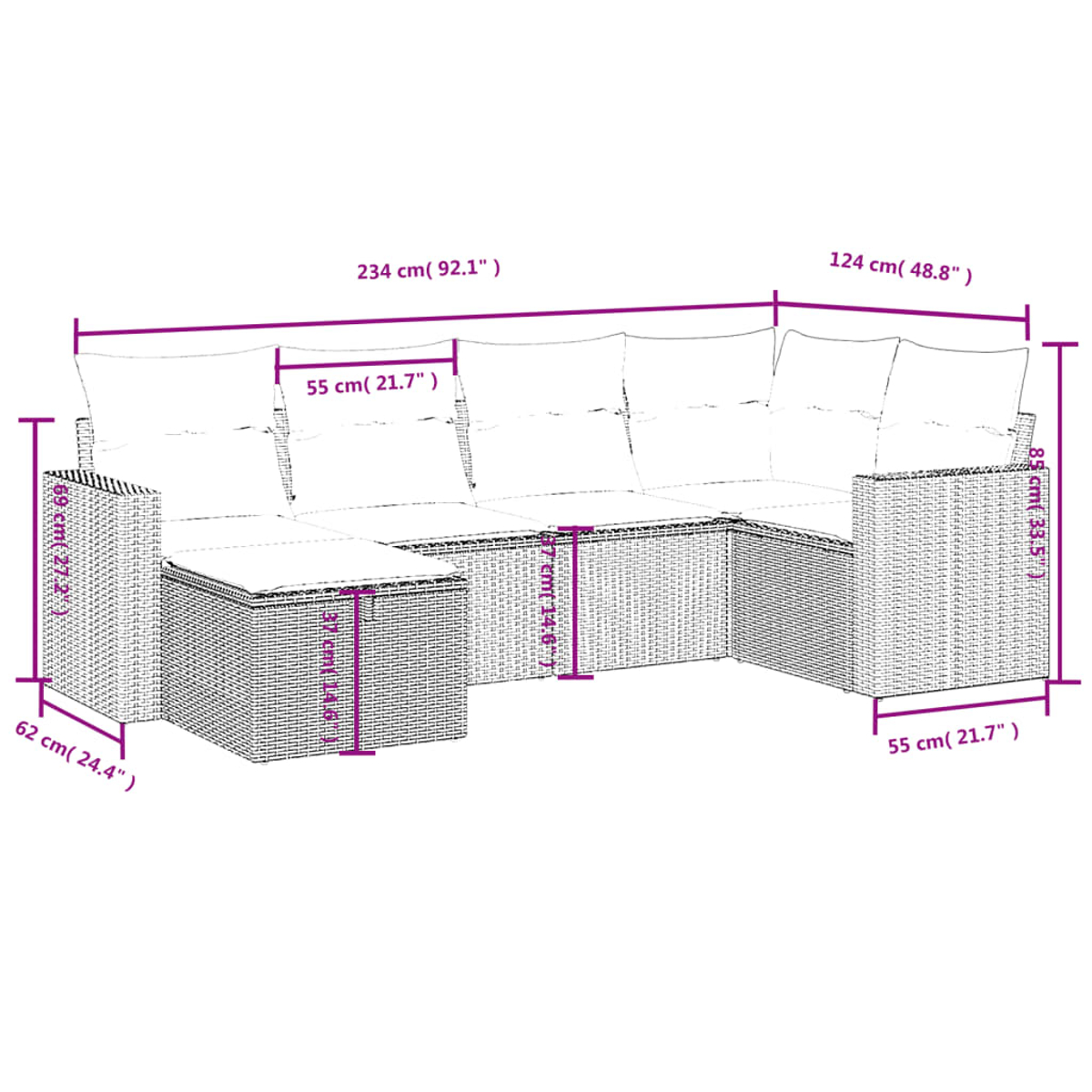 L-förmiges Rattansofa mit Maßen. Weiße Kissen oben. Holzoptik Seiten und Beine.