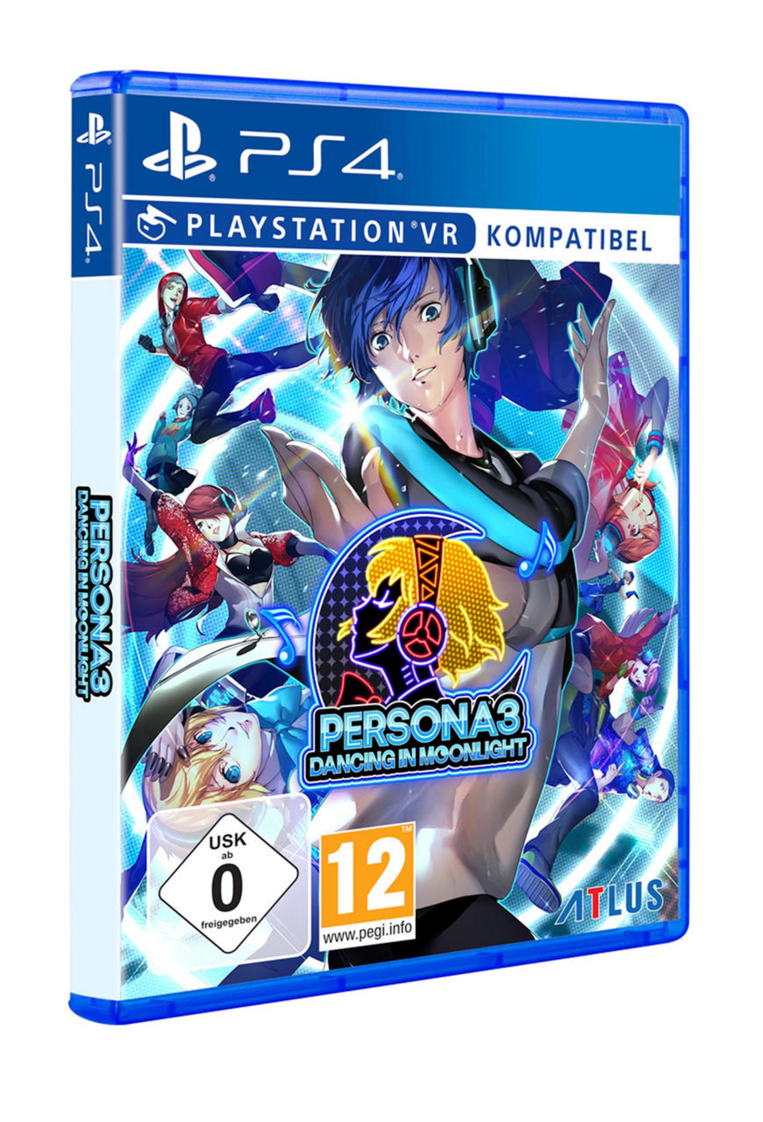 Persona 3: Dancing in Moonlight-Spielcover. Ein tanzender Anime-Charakter mit Logo und anderen Charakteren.