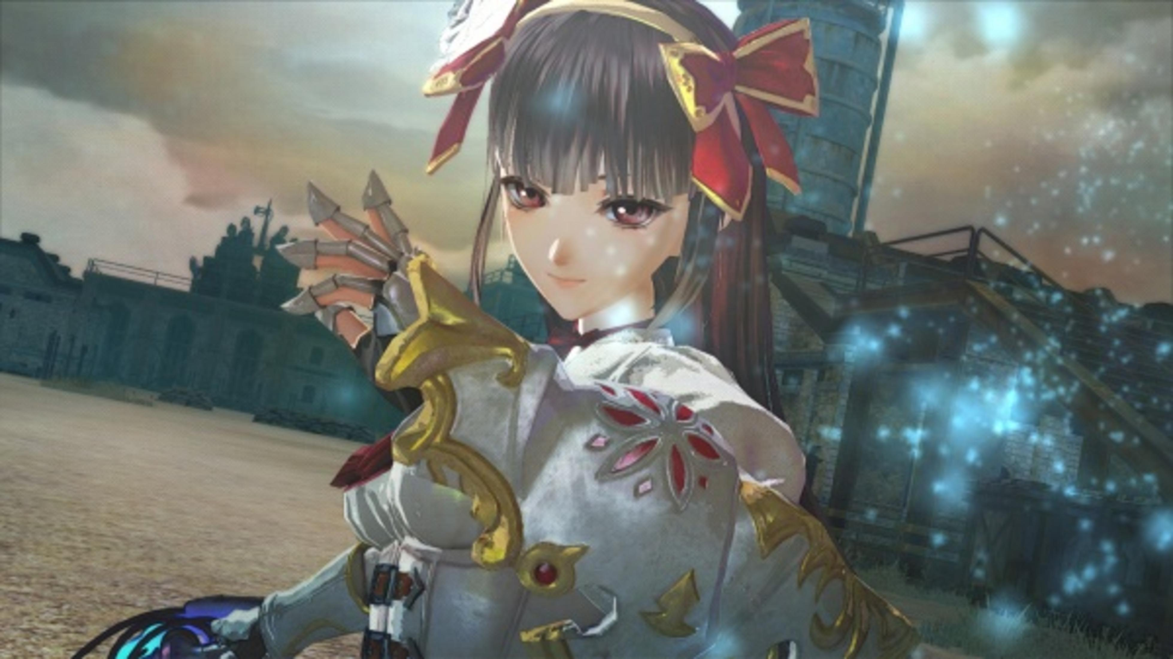 Anime-Charakter mit weißem Kleid, rotem Band und verschwommenem Hintergrund in einer Kampfszene.