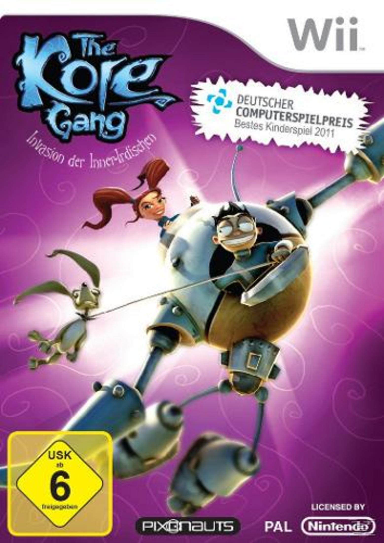 The Kore Gang-Spielcover. Roboter und Charaktere auf lila Hintergrund mit USK-Bewertung.
