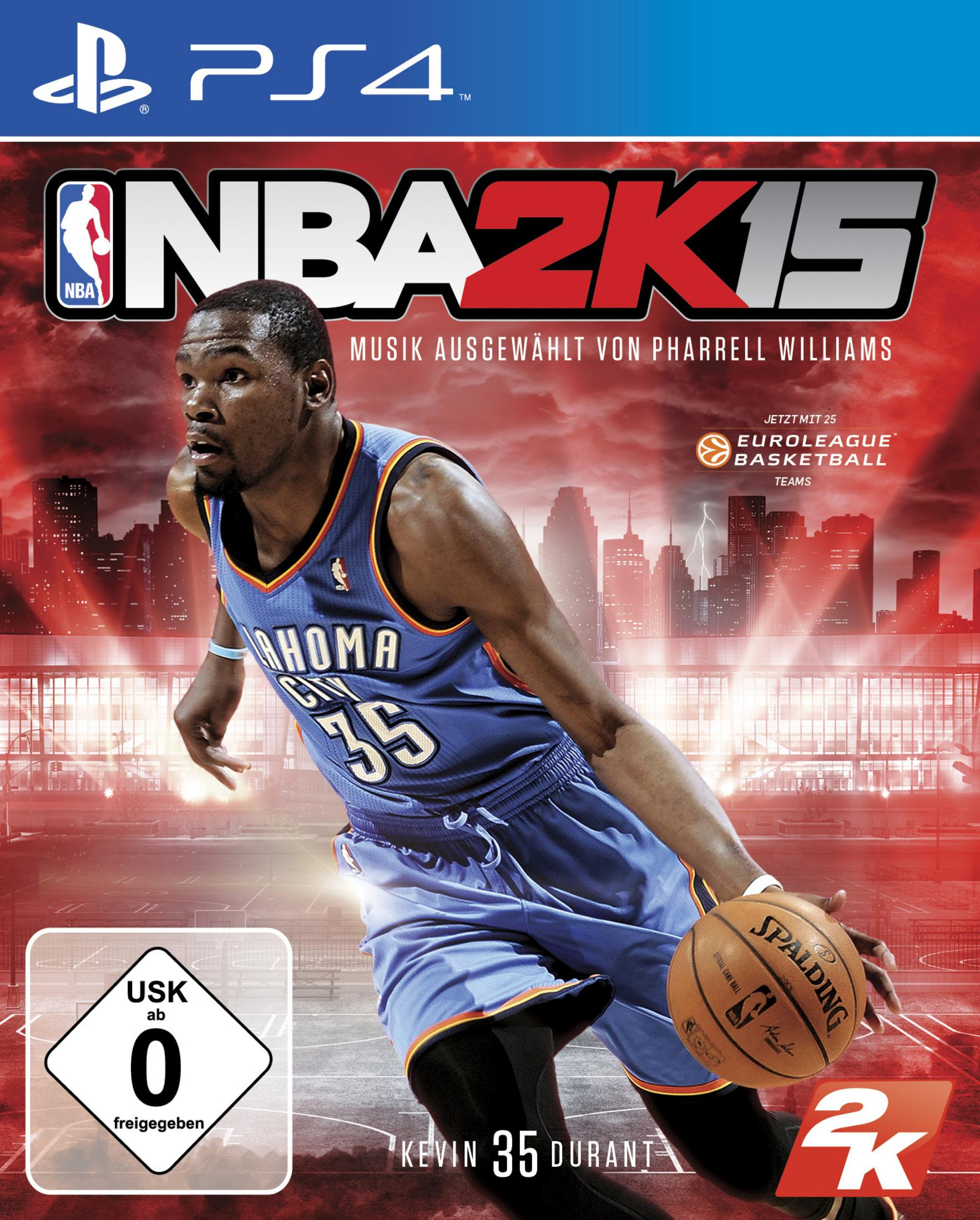 Videospiel-Cover: NBA 2K15 für PS4. Kevin Durant, Basketball und Spiel-Logo.