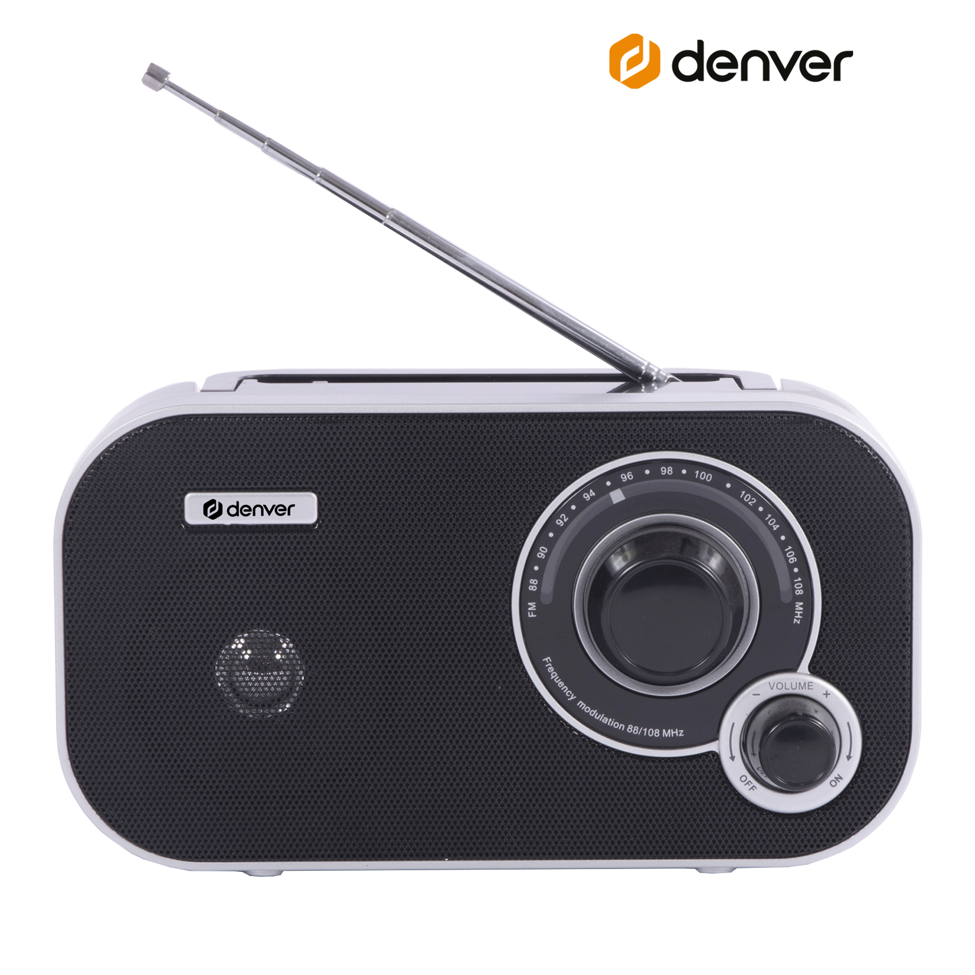 Czarno-białe radio Denver. Posiada głośnik, pokrętło i antenę.