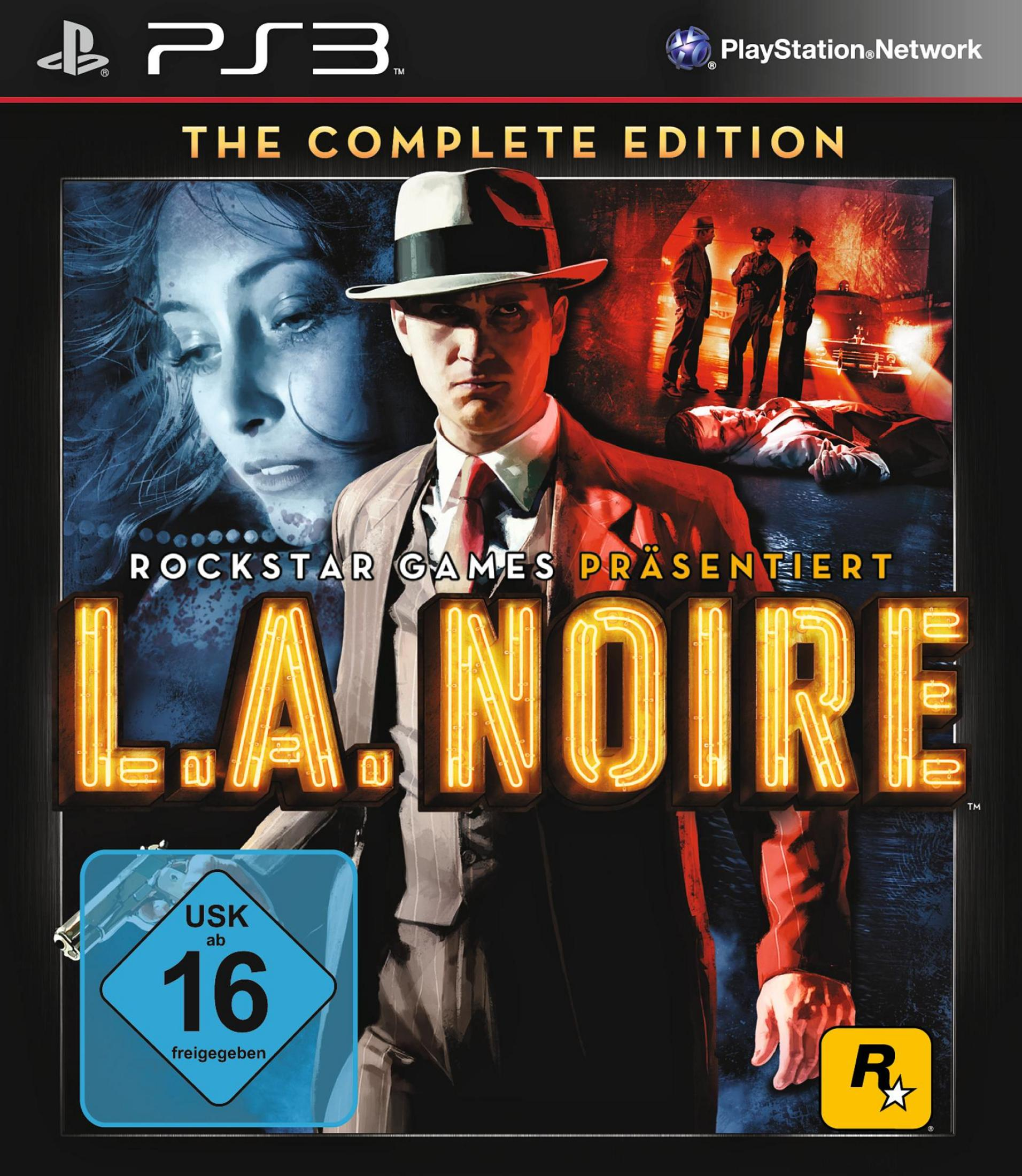 Spielcover für L.A. Noire. Ein Mann im Anzug, ein Frauenporträt und der Spieletitel.