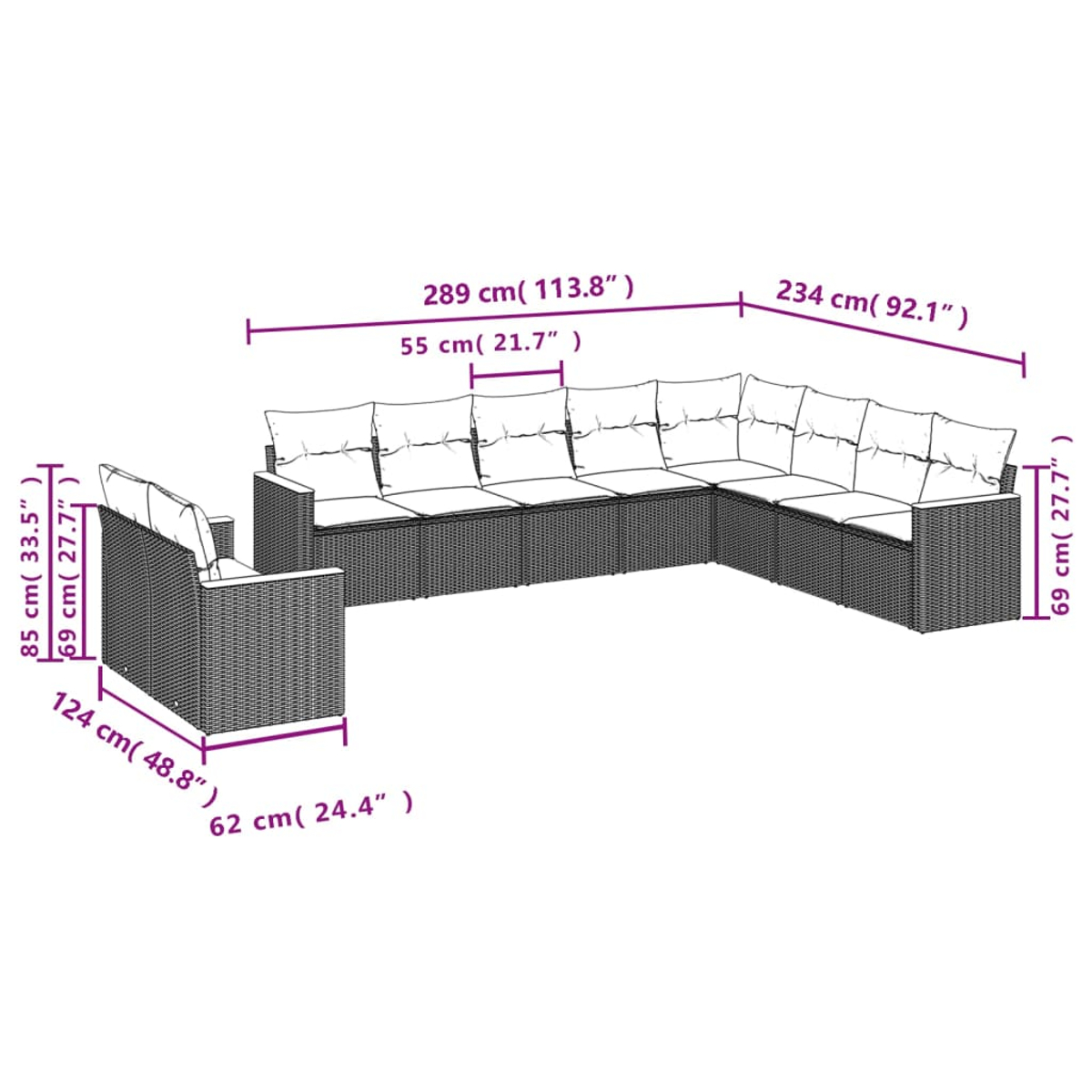 Diagramm mit Maßen eines grauen Korbmöbel-Sets für den Außenbereich, einschließlich Sofa und Sesseln.