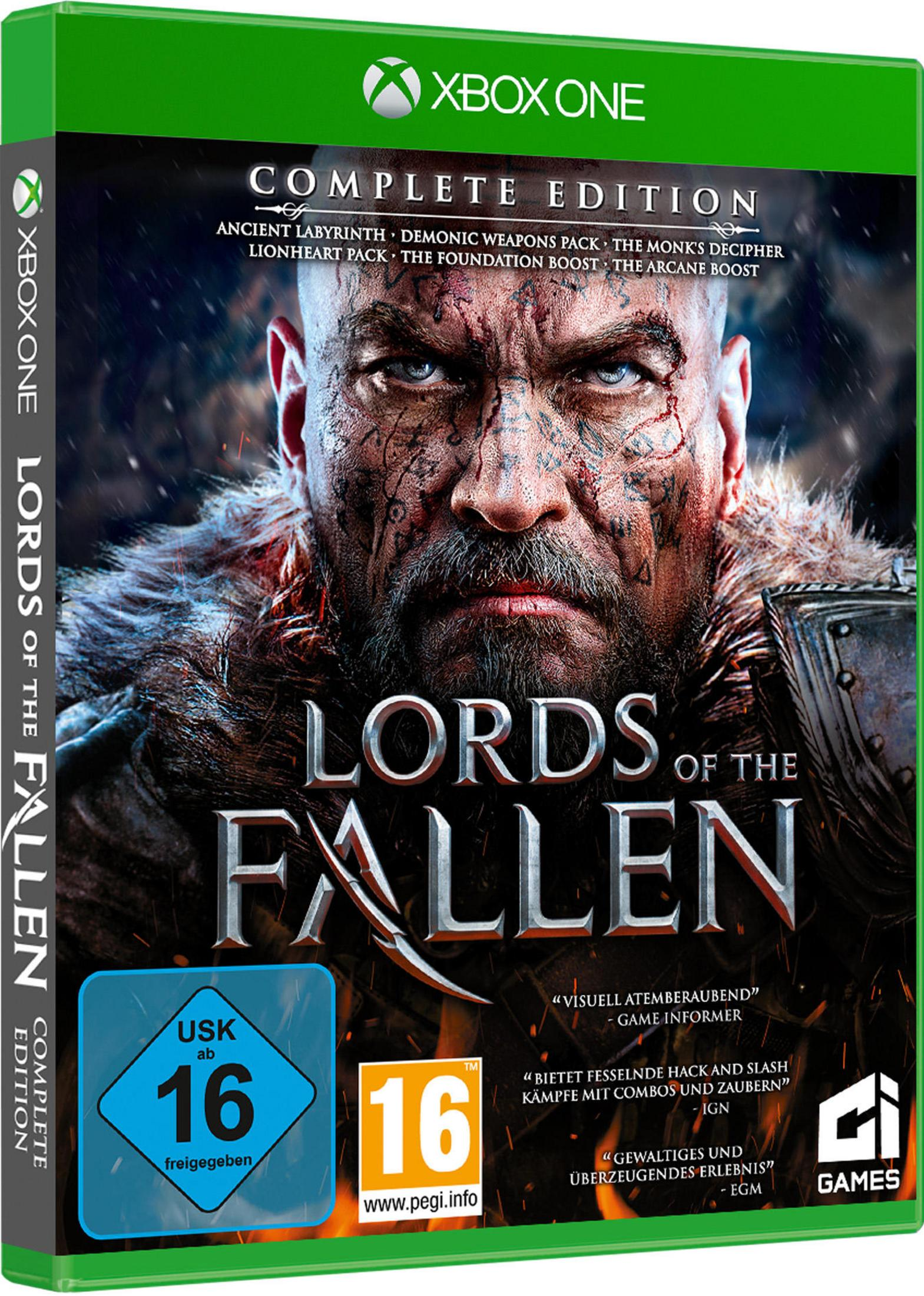 Xbox One Spiel-Box-Art für 'Lords of the Fallen: Complete Edition'. Ein kahlköpfiger, vernarbter Krieger wird gezeigt.