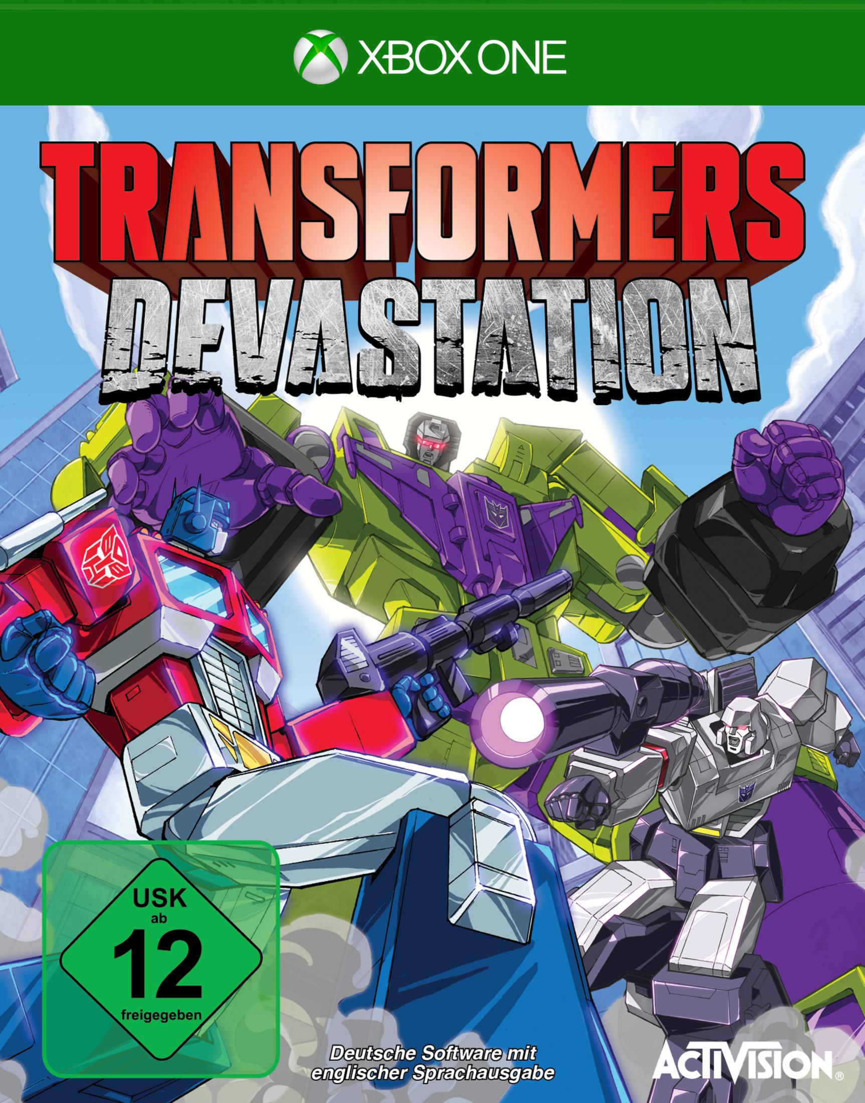 Xbox One-Spielcover für Transformers: Devastation. Enthält Optimus Prime und andere Transformers.