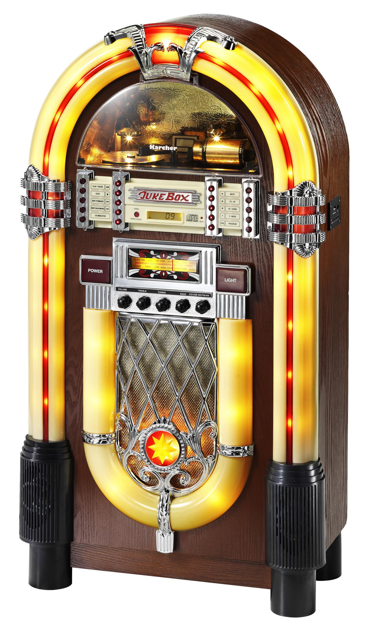 Eine Jukebox im Retro-Stil mit Lichtern und einem Display. Sie hat ein Holzgehäuse.