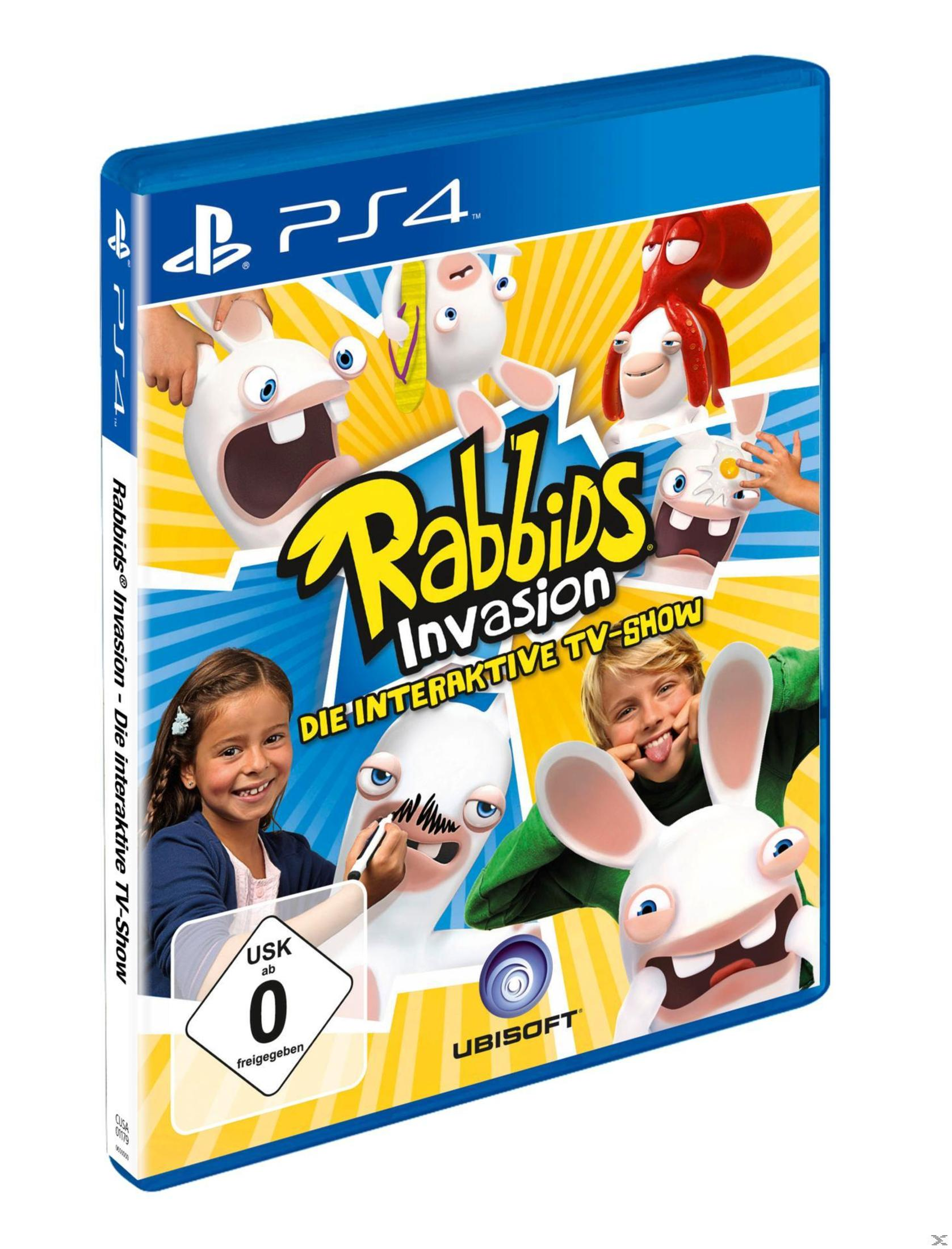 PS4-Spielbox: 'Rabbids Invasion' mit Rabbids-Charakteren und Kindern. Helles, farbenfrohes Design.