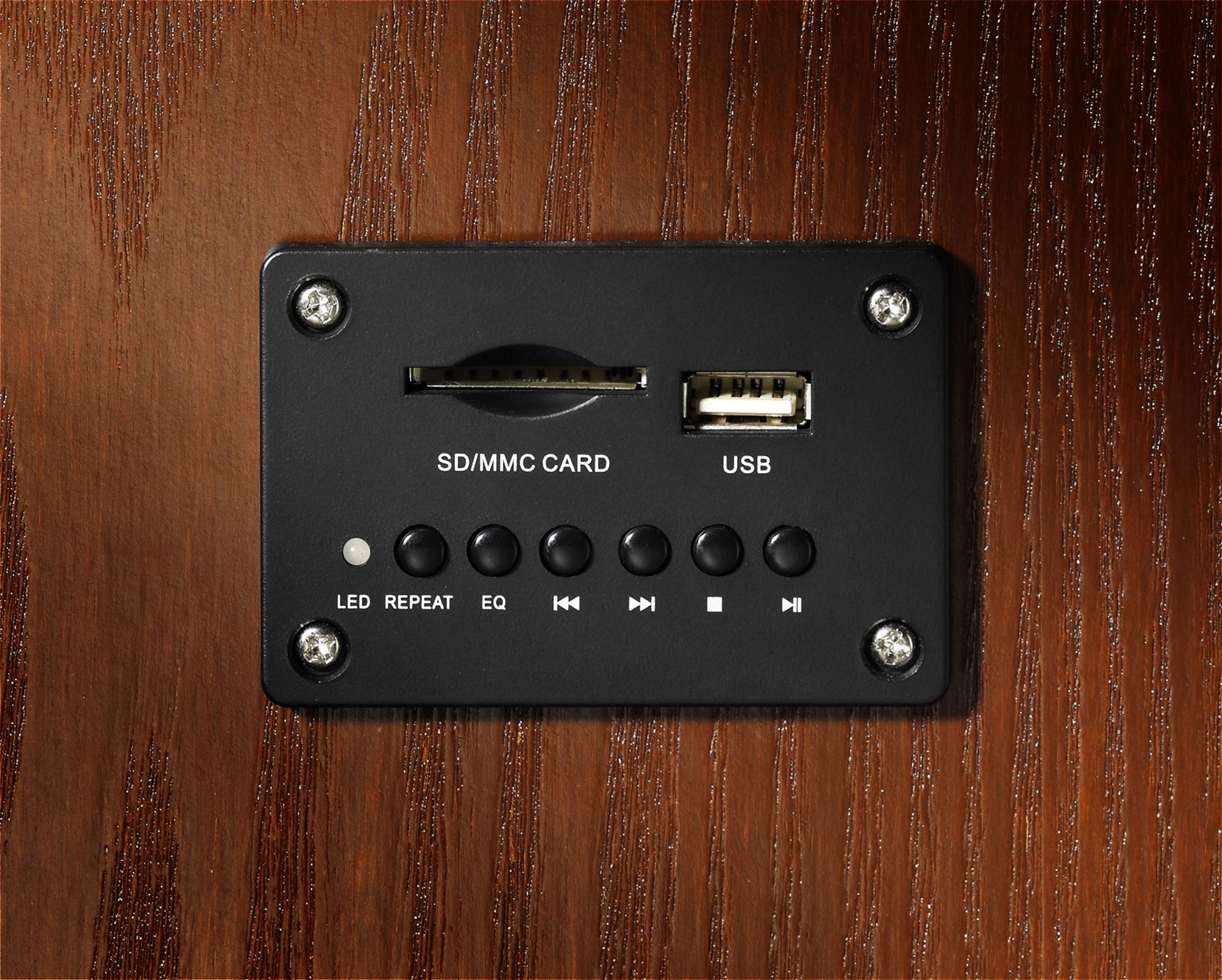 Nahaufnahme eines schwarzen Audiopaneels mit SD/MMC, USB und Steuertasten. Holz-Hintergrund.