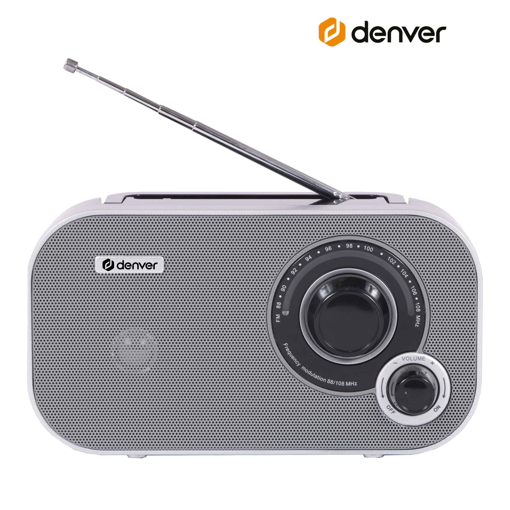 Radio Denver, biało-szare, z pokrętłem strojenia i anteną. Widoczna nazwa marki.