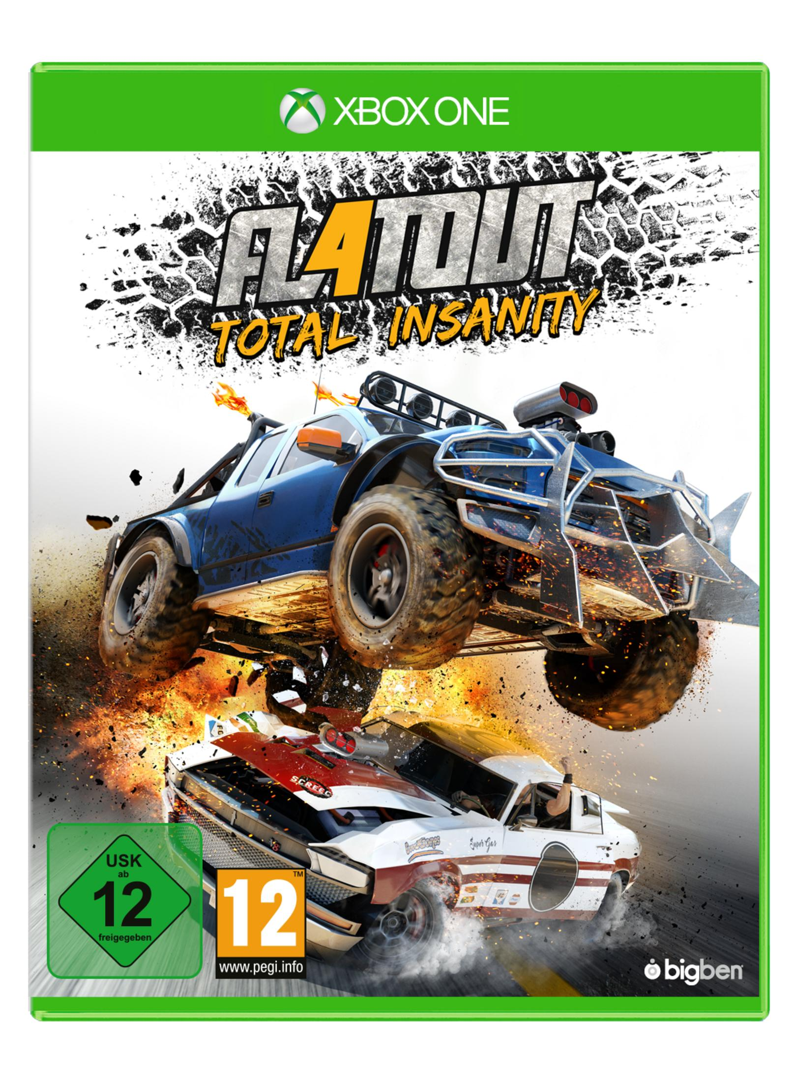 Okładka gry: 'FlatOut: Total Insanity' z samochodami ścigającymi się i rozbijającymi. Logo Xbox One na górze.