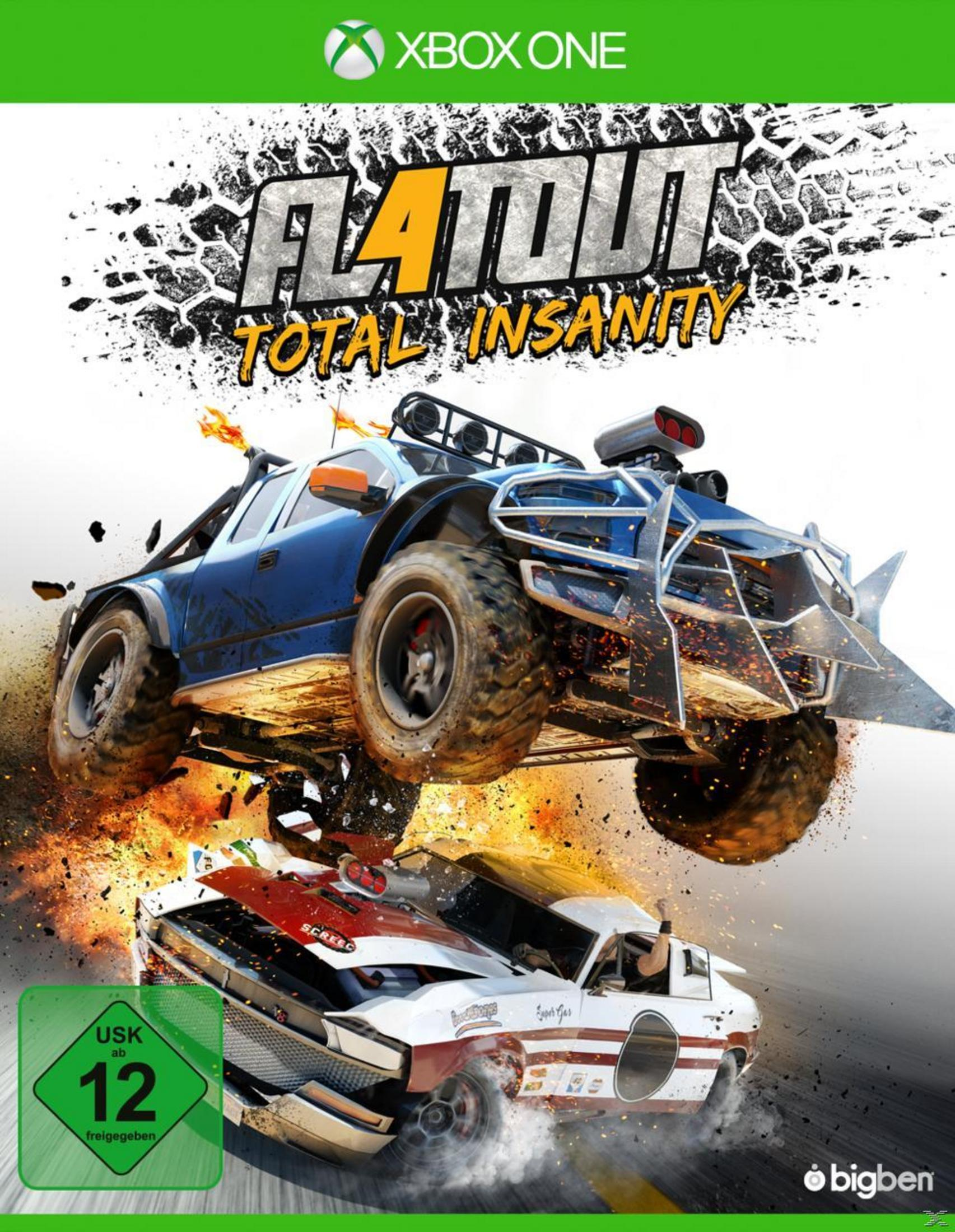 Okładka gry: 'FlatOut: Total Insanity' z samochodami ścigającymi się i rozbijającymi. Logo Xbox One na górze.