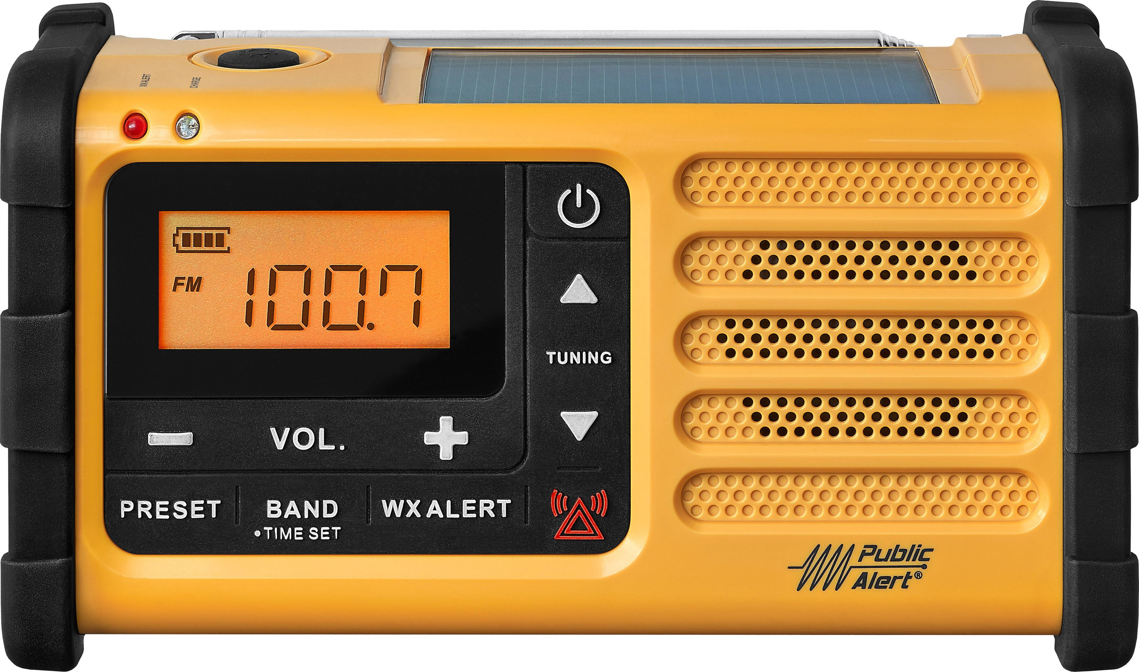 Radio portatile giallo e nero con display digitale e vari pulsanti.