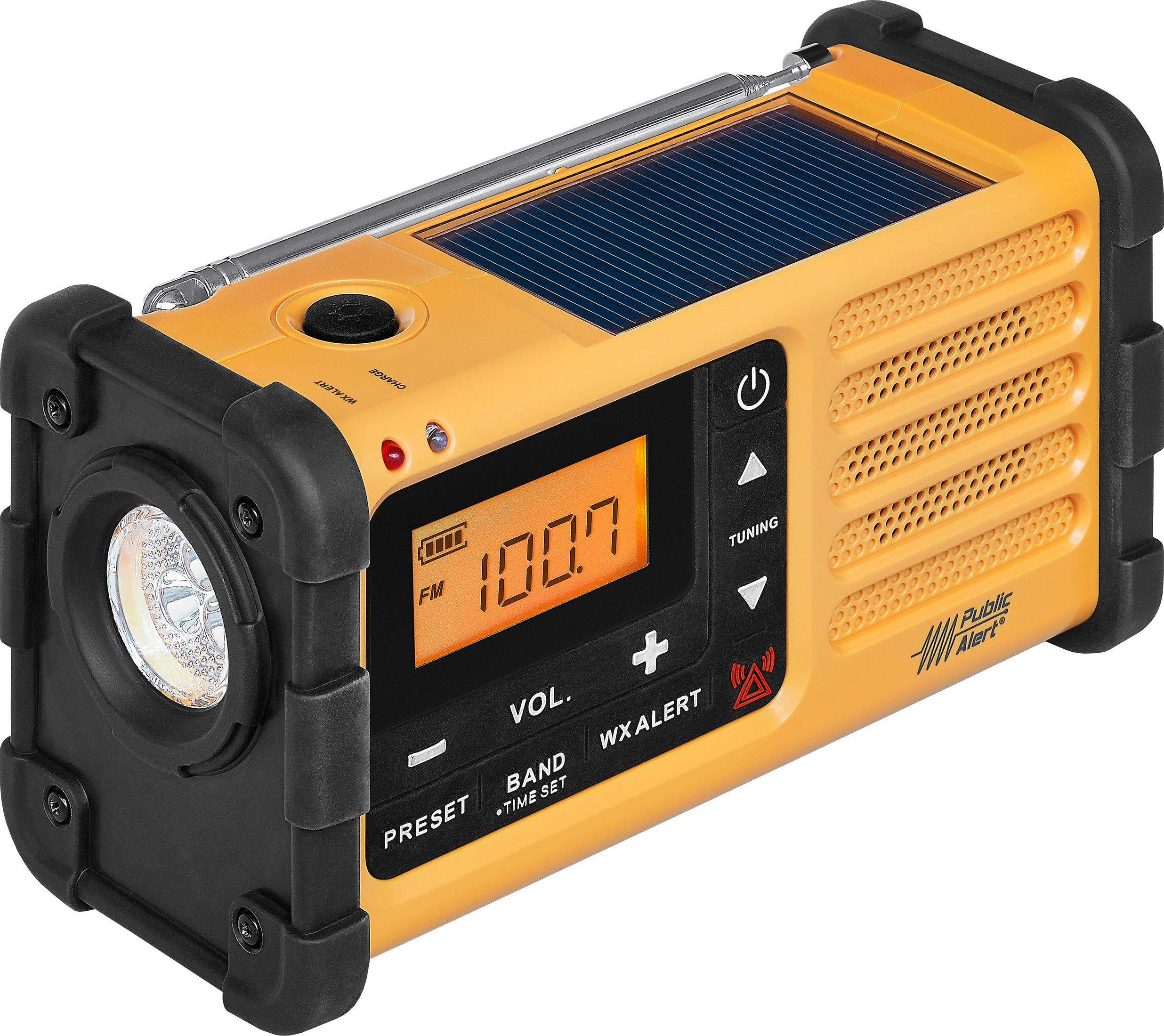 Una radio di emergenza gialla e nera con luce, display digitale e pulsanti.