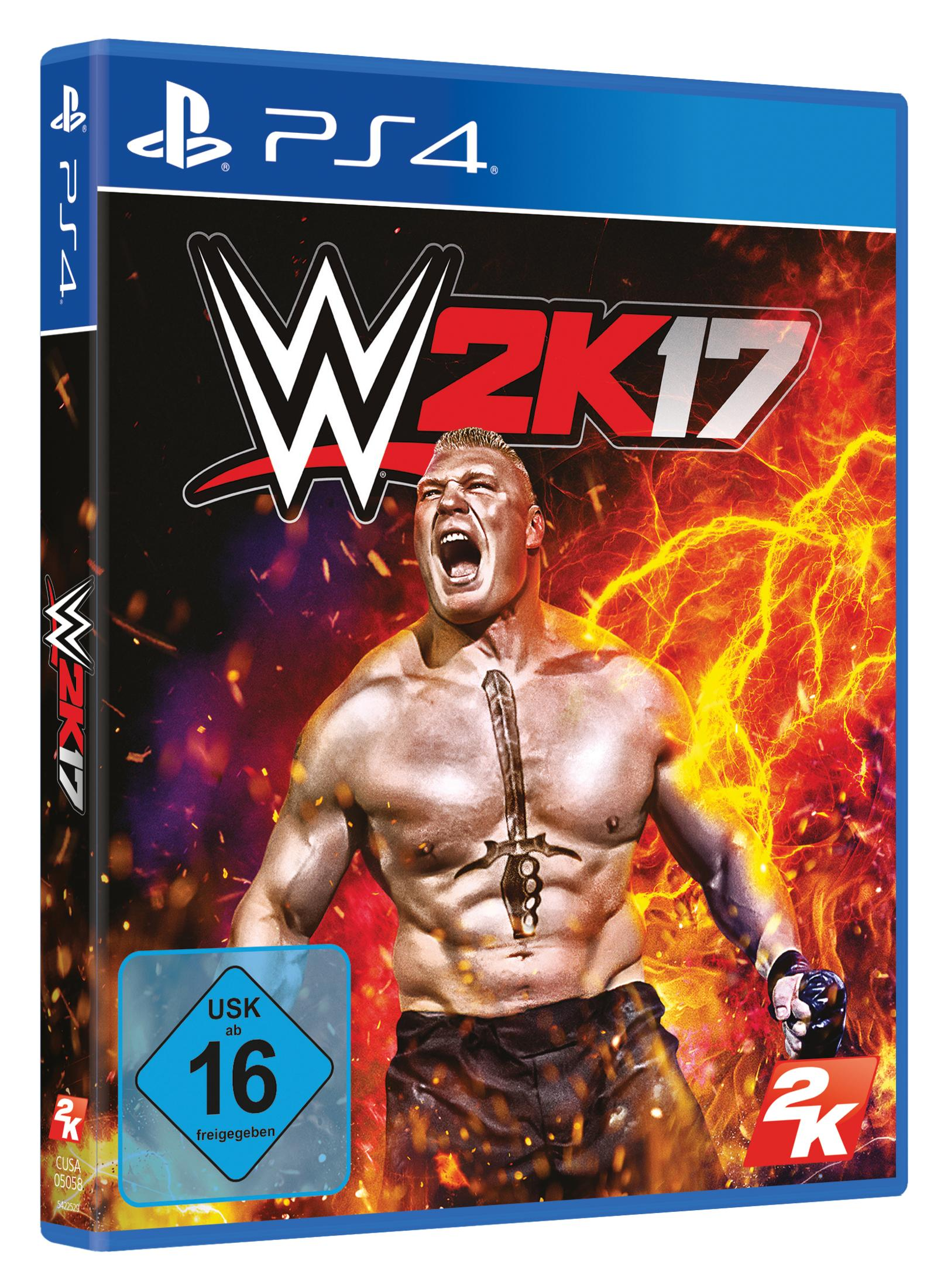 Ein PS4-Spielcover mit dem Titel 'WWE 2K17' mit Brock Lesnar in Kampfpose.