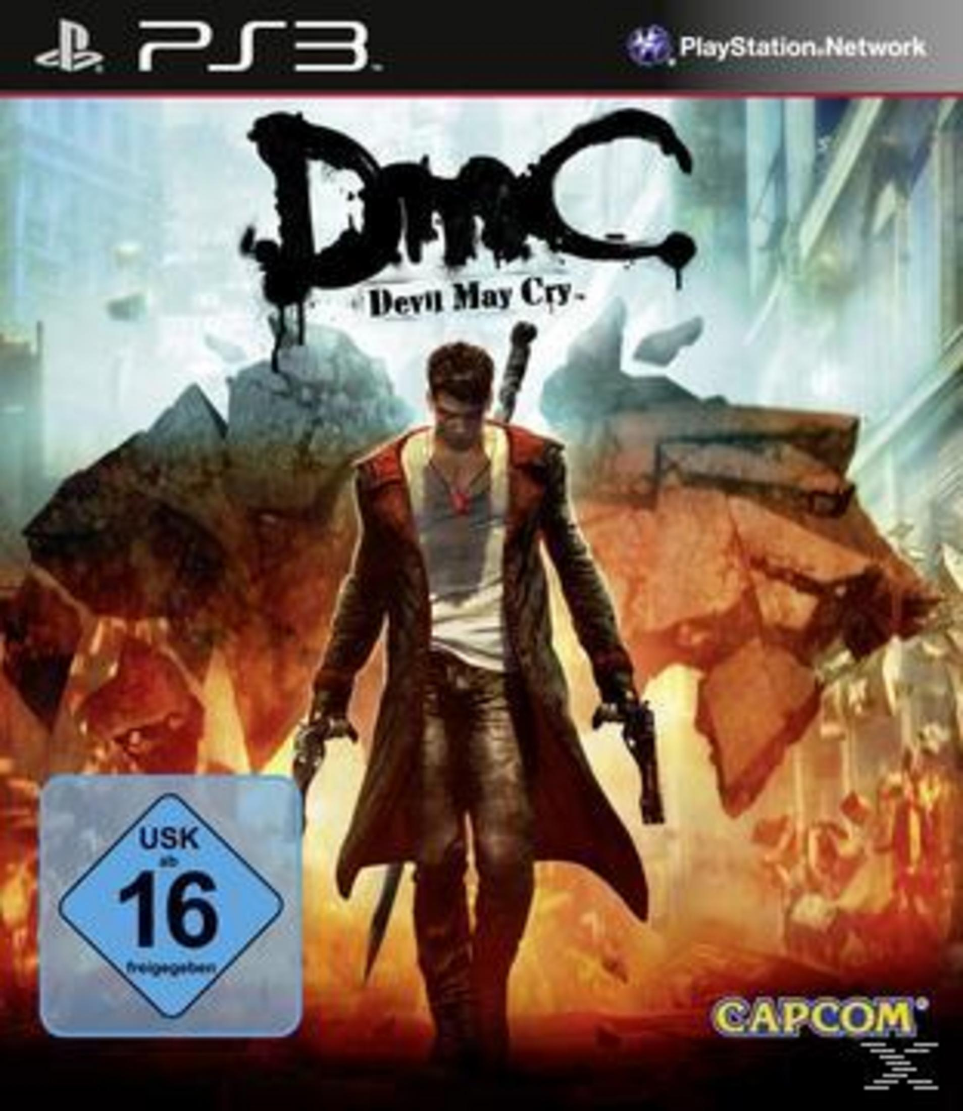 Das Cover des PS3-Spiels 'DmC: Devil May Cry' mit einem Mann, der Waffen und ein Schwert hält.