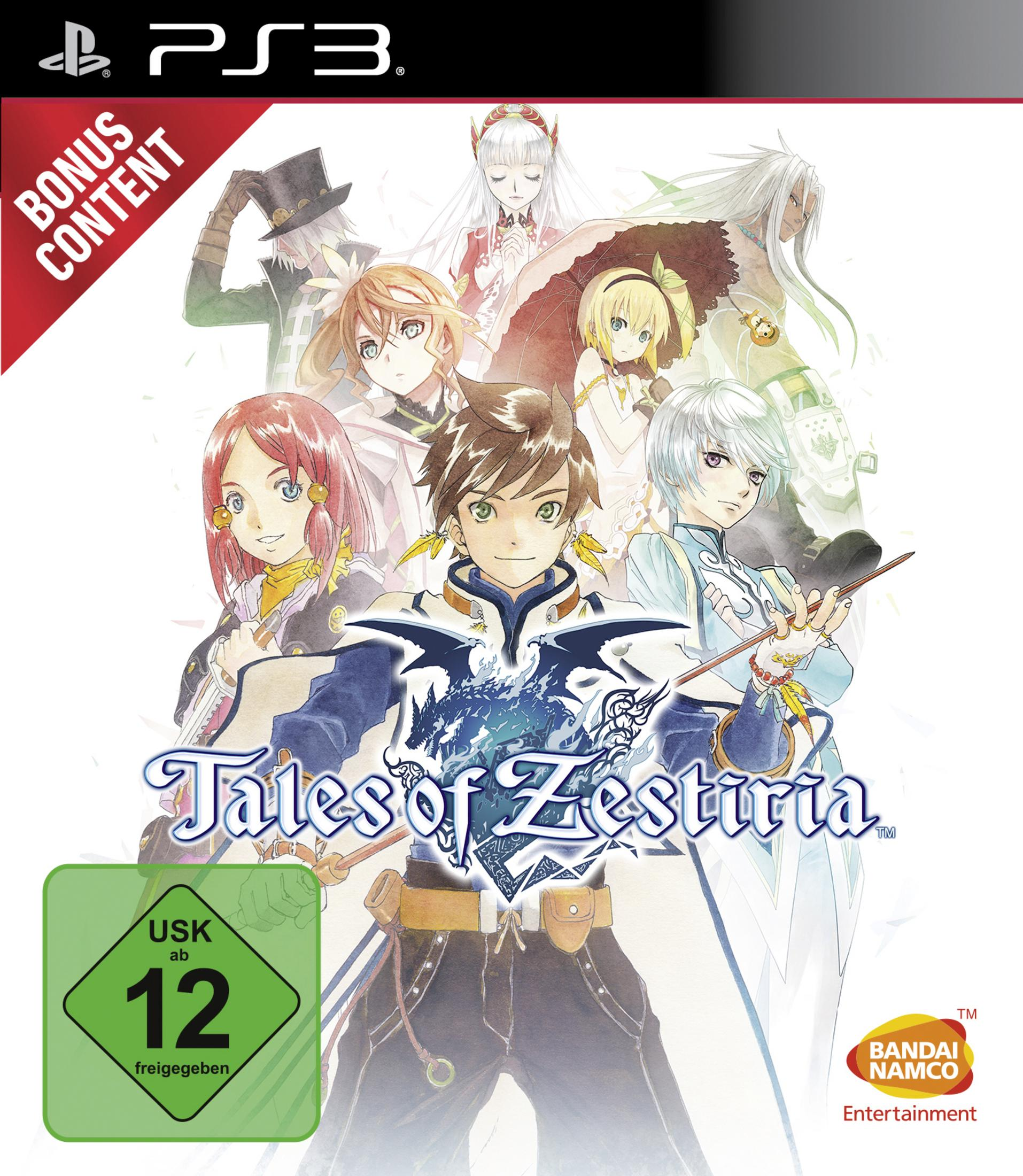Portada del juego Tales of Zestiria. Múltiples personajes de anime. Fondo blanco con el título del juego.