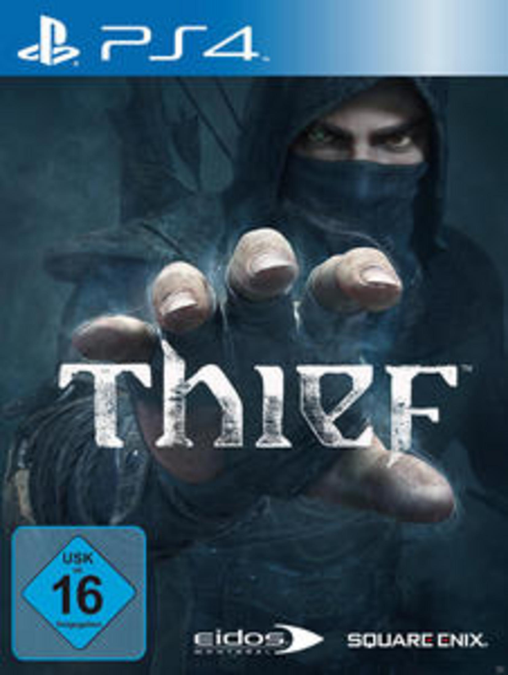 Das Cover des PS4-Spiels 'Thief' mit einer Kapuzenfigur, die mit leuchtenden Händen greift.