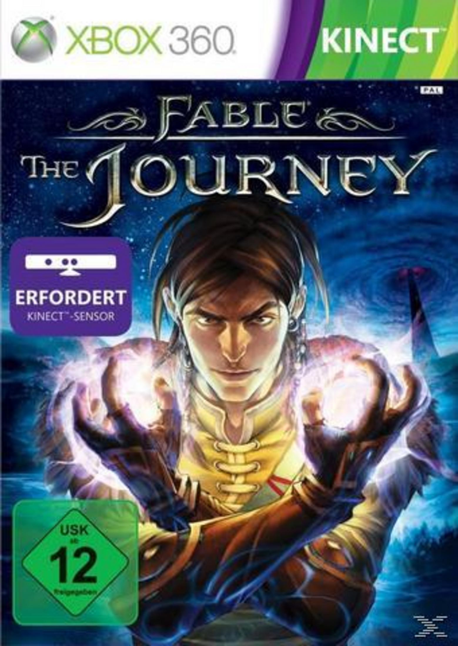 Fable: The Journey-Spielcover. Mann hält leuchtende Energie. Xbox 360- und Kinect-Logos.