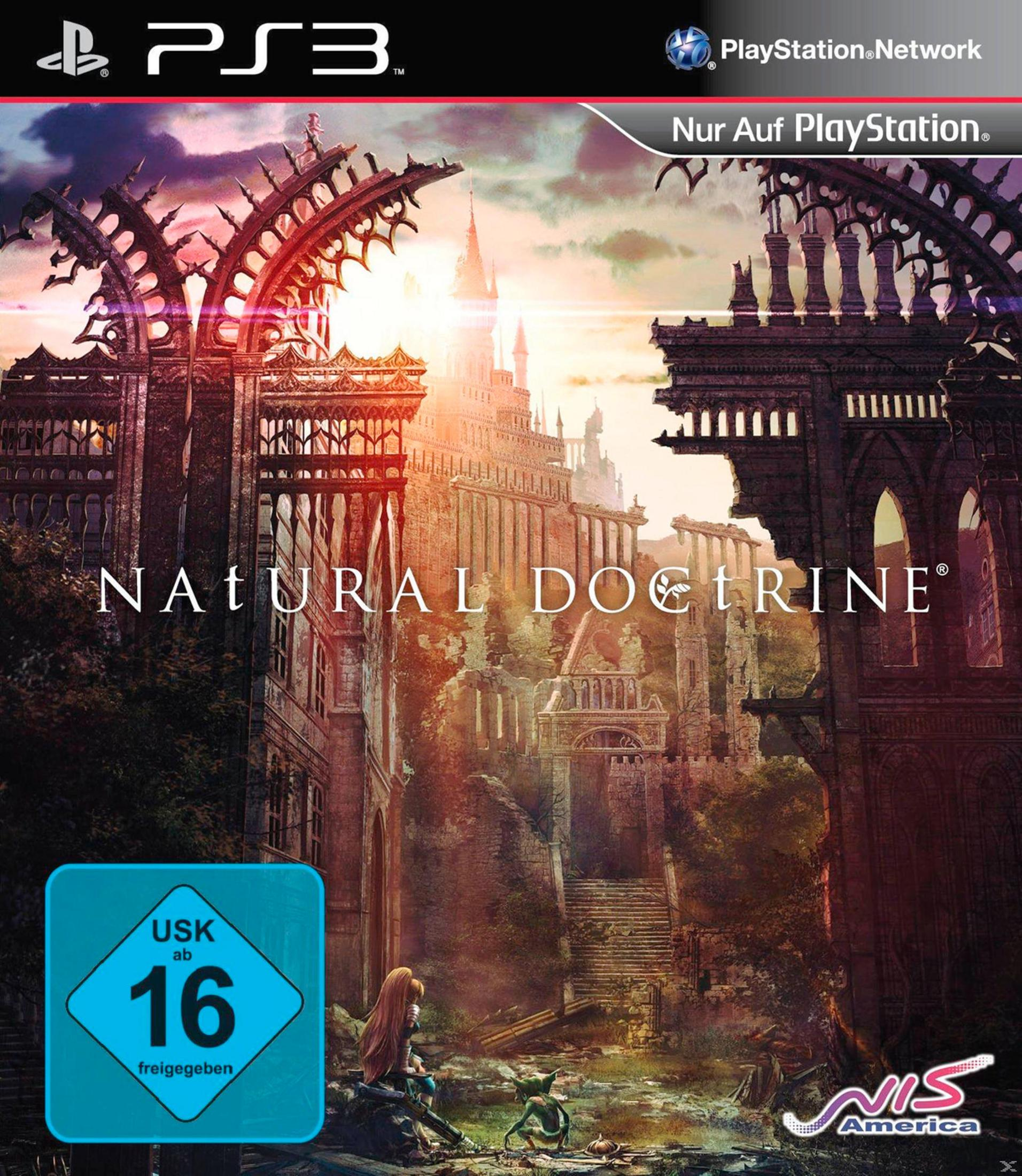 Spielcover: Natural Doctrine. Unten sitzt eine Frau. Im Hintergrund eine hohe Stadt mit Bögen.