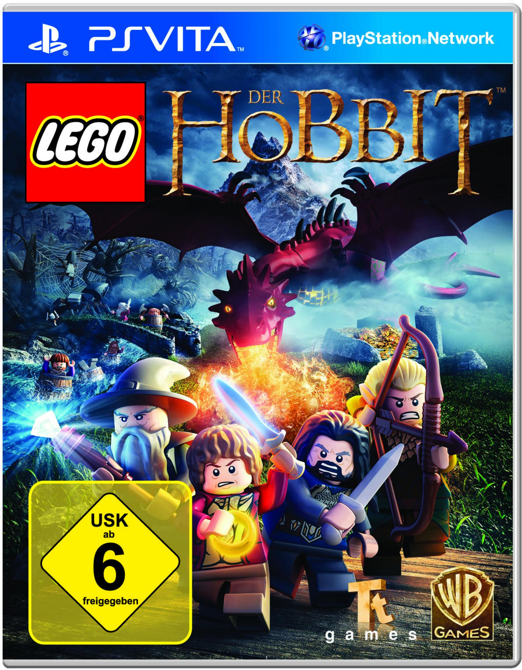 Lego The Hobbit Spielcover. Lego-Figuren, Drache und Hintergrundlandschaft. PS Vita- und WB Games-Logos.