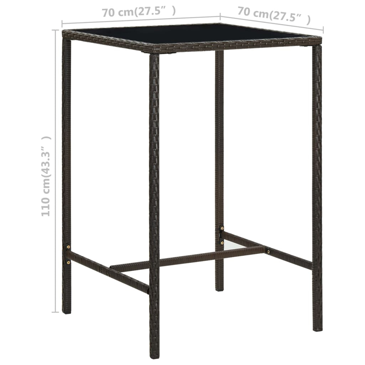 Hoher Bartisch. Brauner Rahmen, schwarze Platte. Maße: 70x70x110cm.