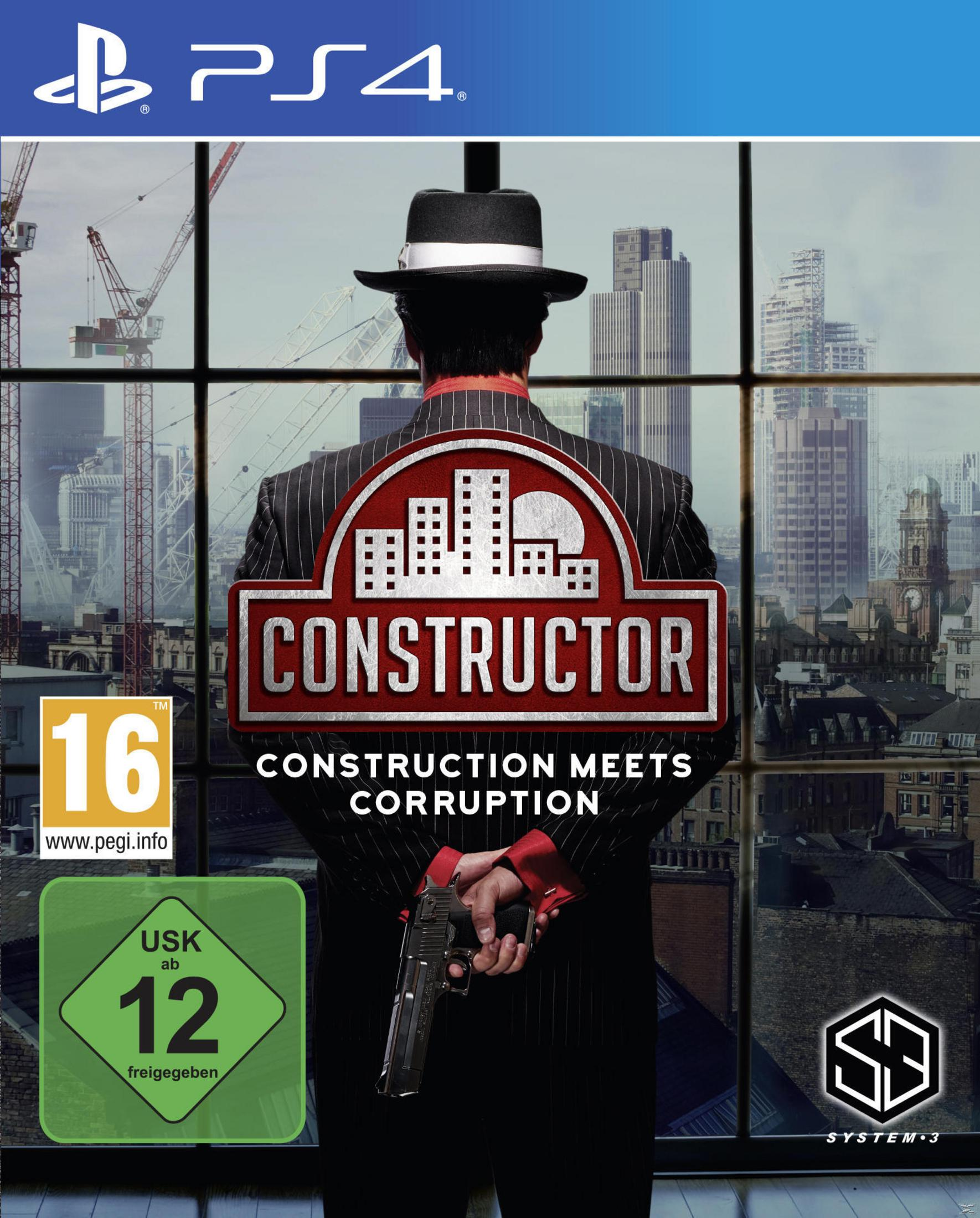 PS4-Spielcover von Constructor. Ein Mann im Anzug hält eine Pistole. Eine Stadt ist im Hintergrund.