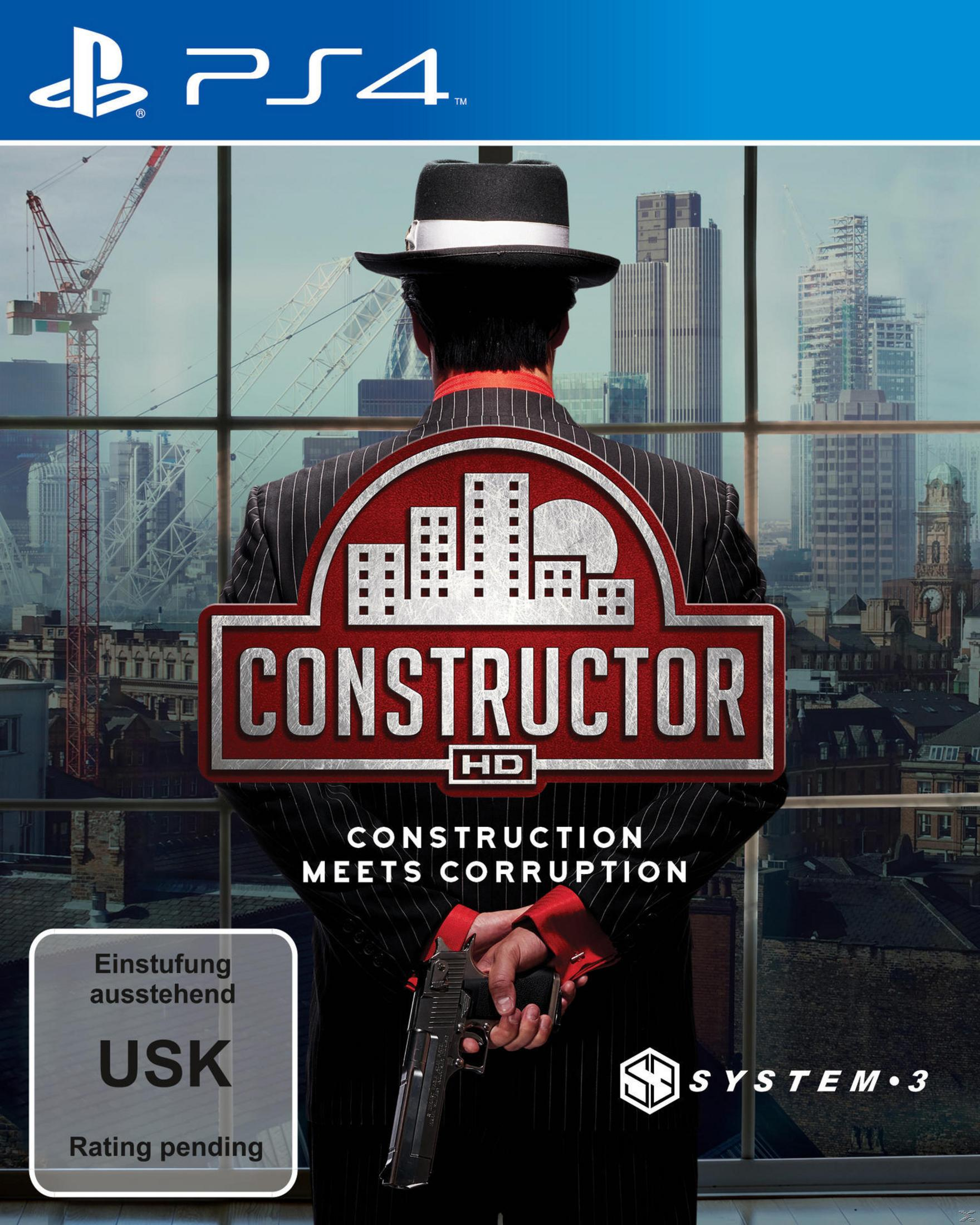 Constructor HD-Spielcover: Mann im Anzug, Stadtlandschaft und Spieletitel.