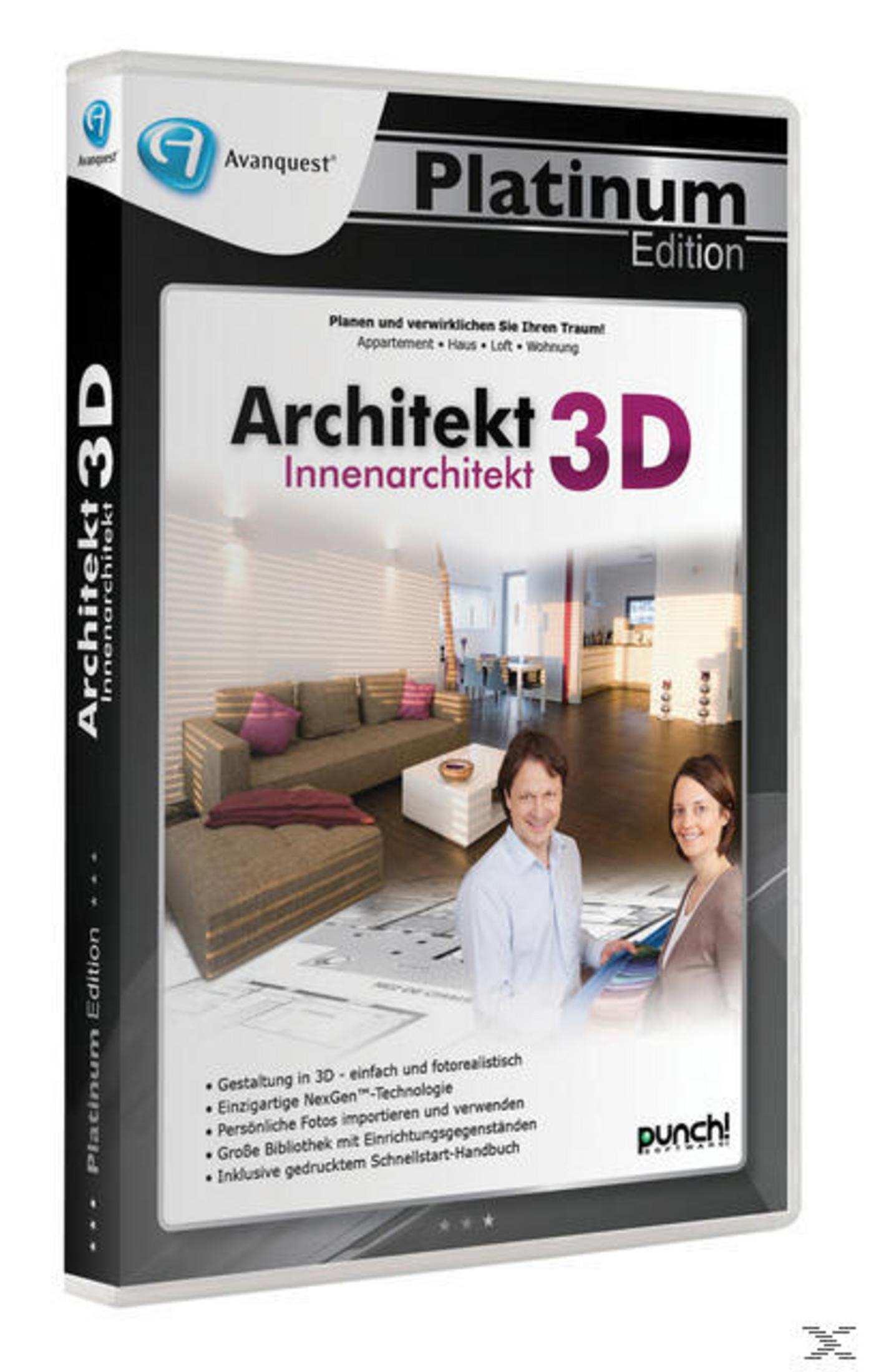 Softwarebox für Architect 3D. Zeigt eine Wohnzimmerszene und zwei lächelnde Personen.