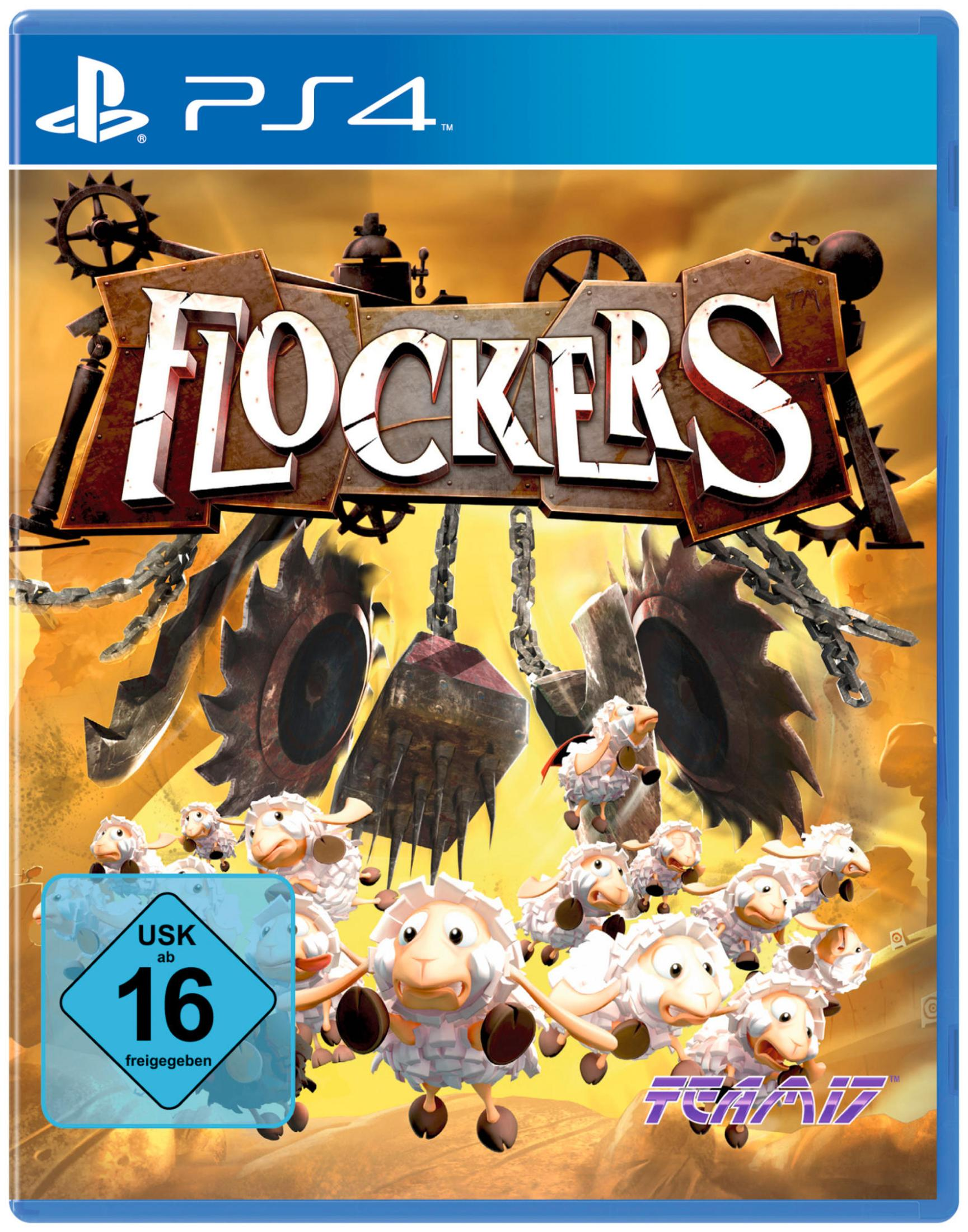 Flockers PS4-Spielcover. Mit Schafen, die auf Sägeblätter fallen. USK 16-Einstufung. Dunkler Hintergrund.