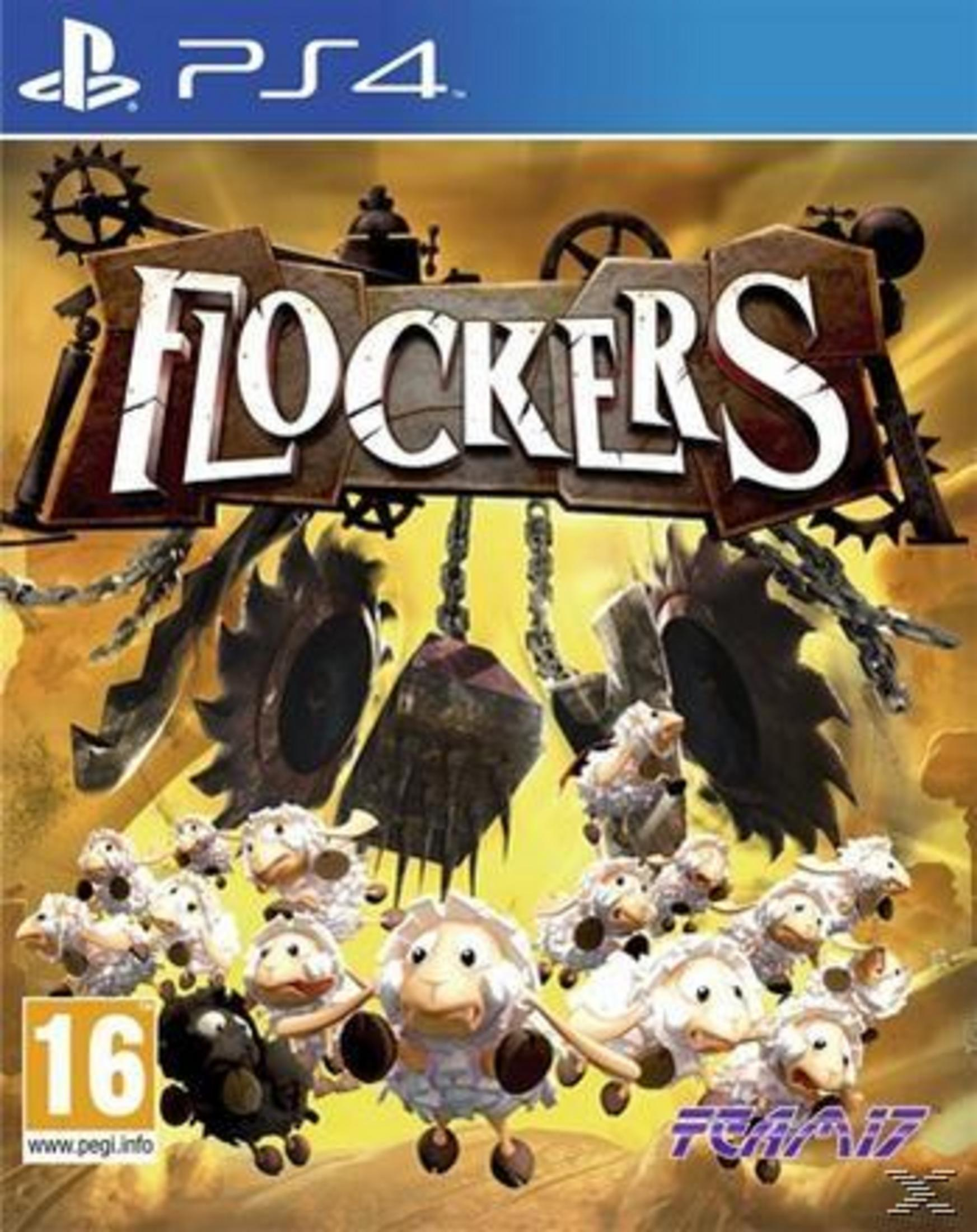 Flockers PS4-Spielcover. Schafe fallen auf Sägeblätter. Dunkler Hintergrund, USK 16-Einstufung und Pegi.