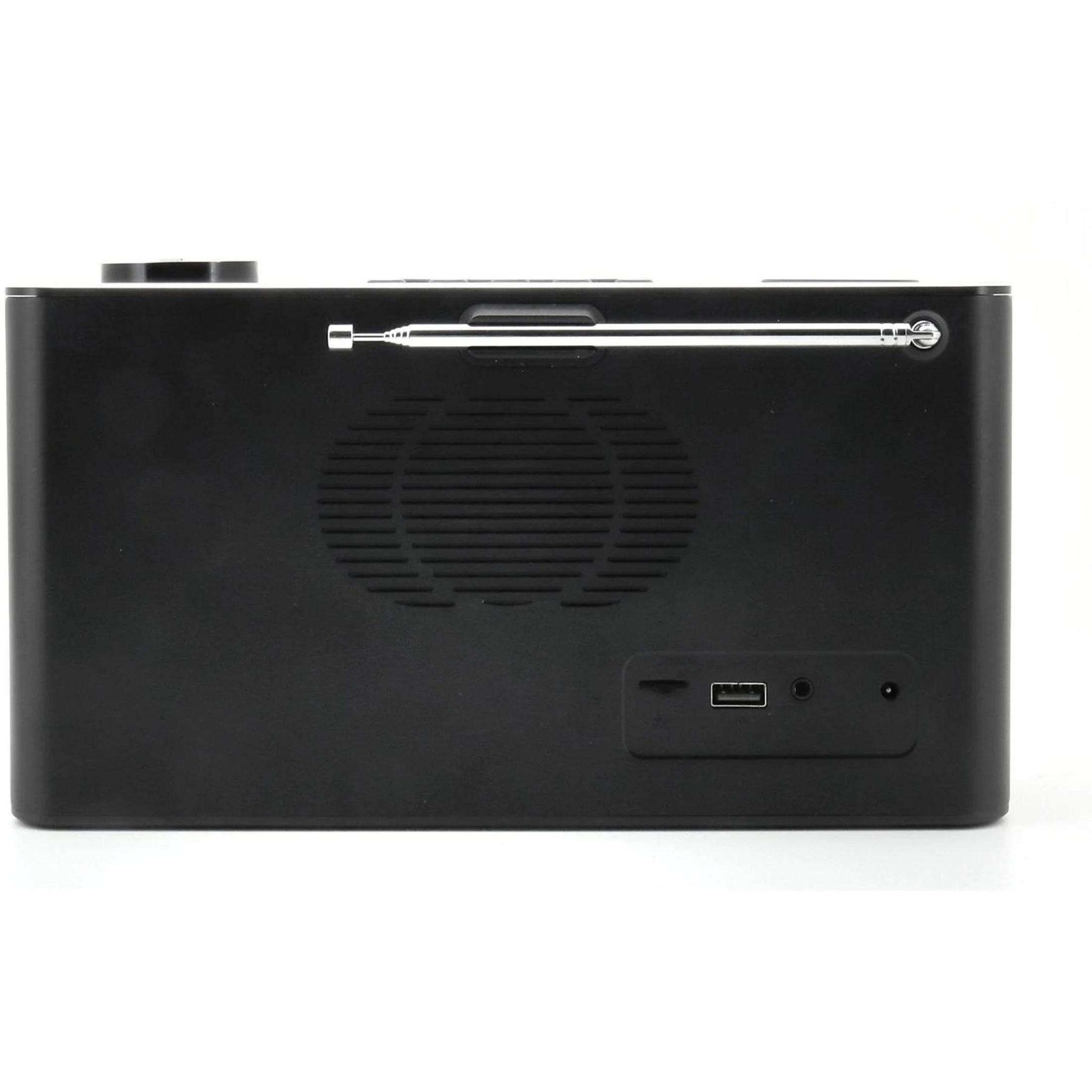 Rückseite eines schwarzen Radios, mit Lautsprechergitter, USB-Anschluss und Stromeingang.