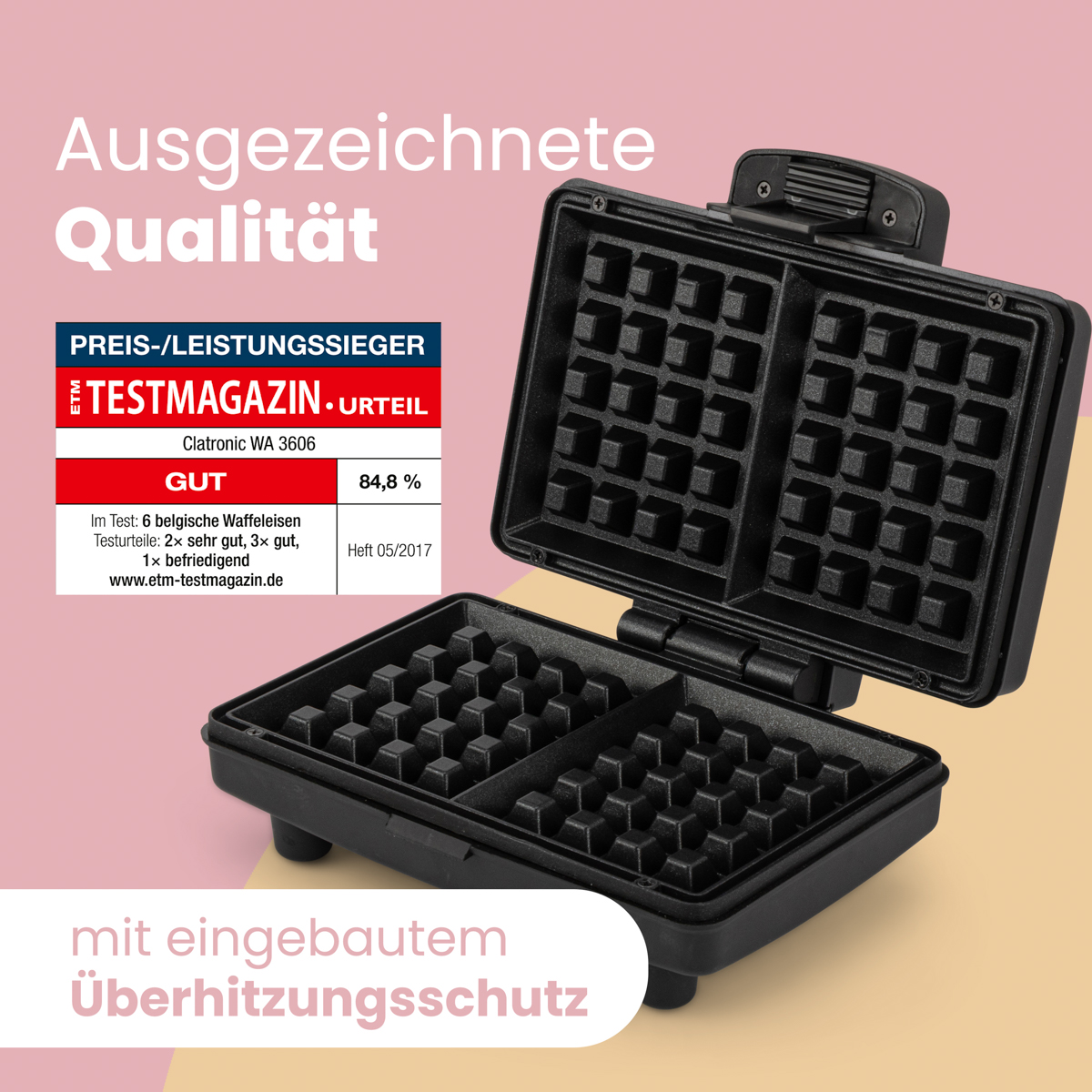 Gofrownica z tekstem. Otwarta gofrownica z goframi w środku. Tekst mówi 'Doskonała jakość'.