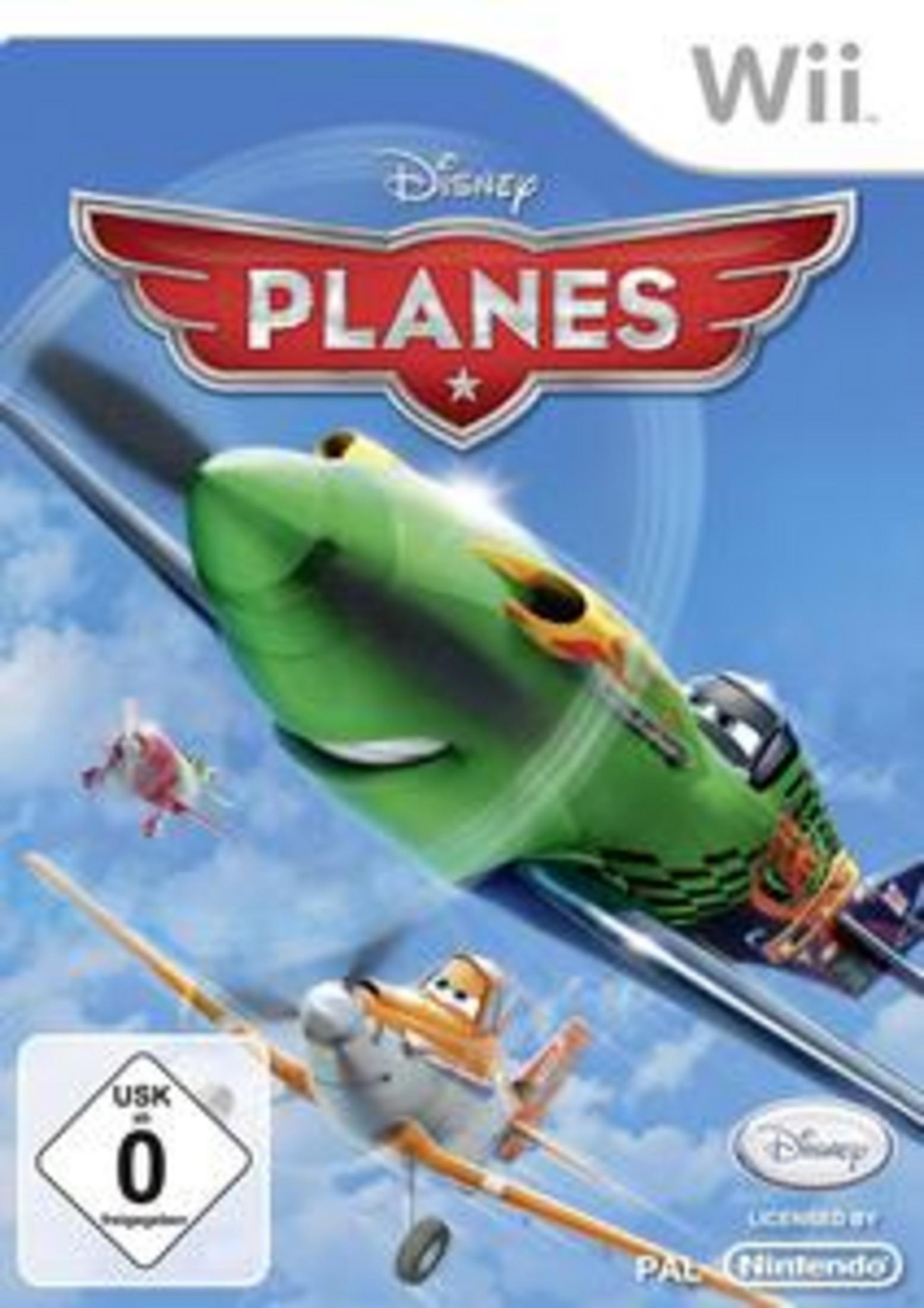 Das Disney Planes Wii-Spielcover mit einem grünen Flugzeug und anderen Flugzeugen.