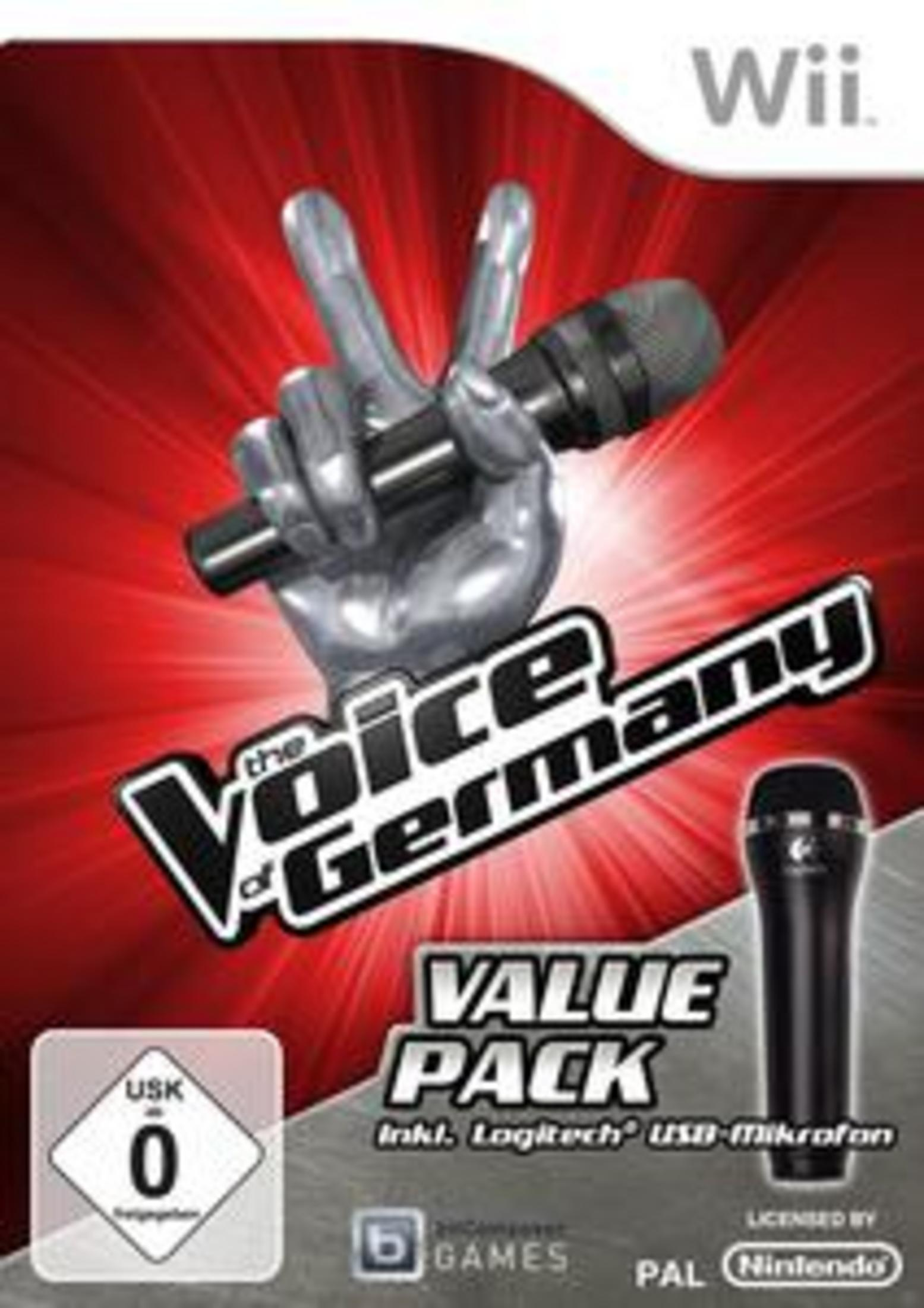 Die Wii-Spielbox für „The Voice of Germany“ mit einer Mikrofonillustration und dem Spielelogo.