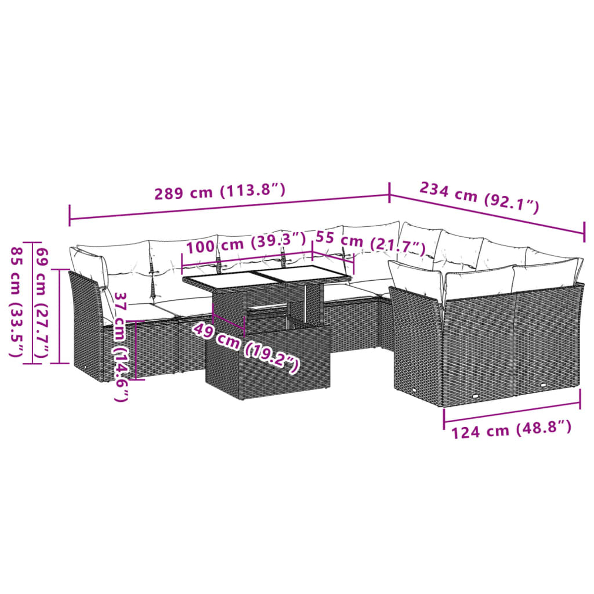Rattan-Outdoor-Sofagarnitur mit Maßen. Das Set beinhaltet ein Sofa, zwei Stühle und einen Tisch. Weißer Hintergrund.
