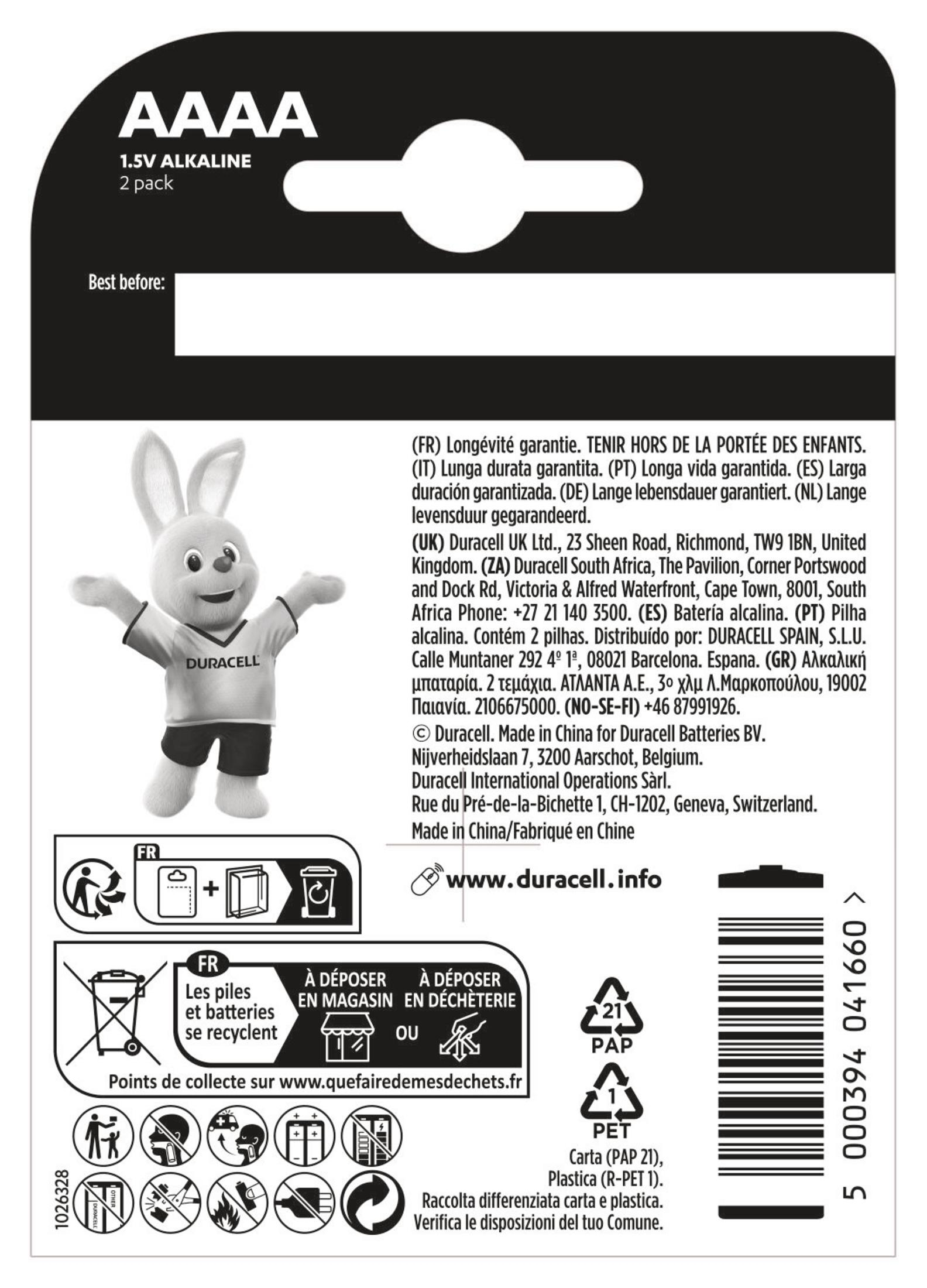 Duracell pil ambalajının arkası. Metin, tavşan maskotu ve geri dönüşüm sembolleri içerir.