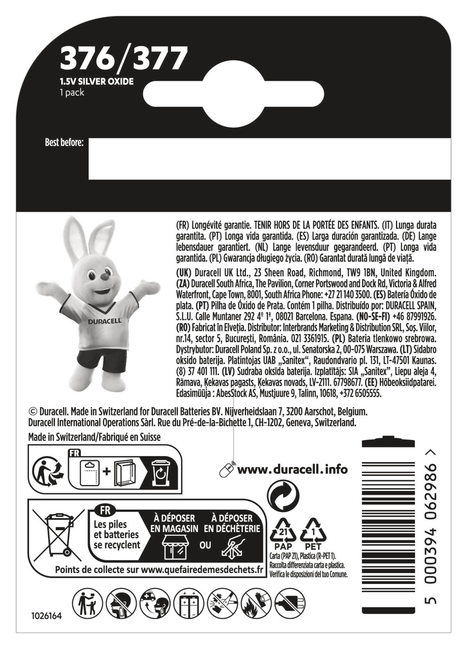 Duracell 376/377 zilveroxide batterijverpakking. Witte achtergrond met tekst en het Duracell konijn als mascotte.
