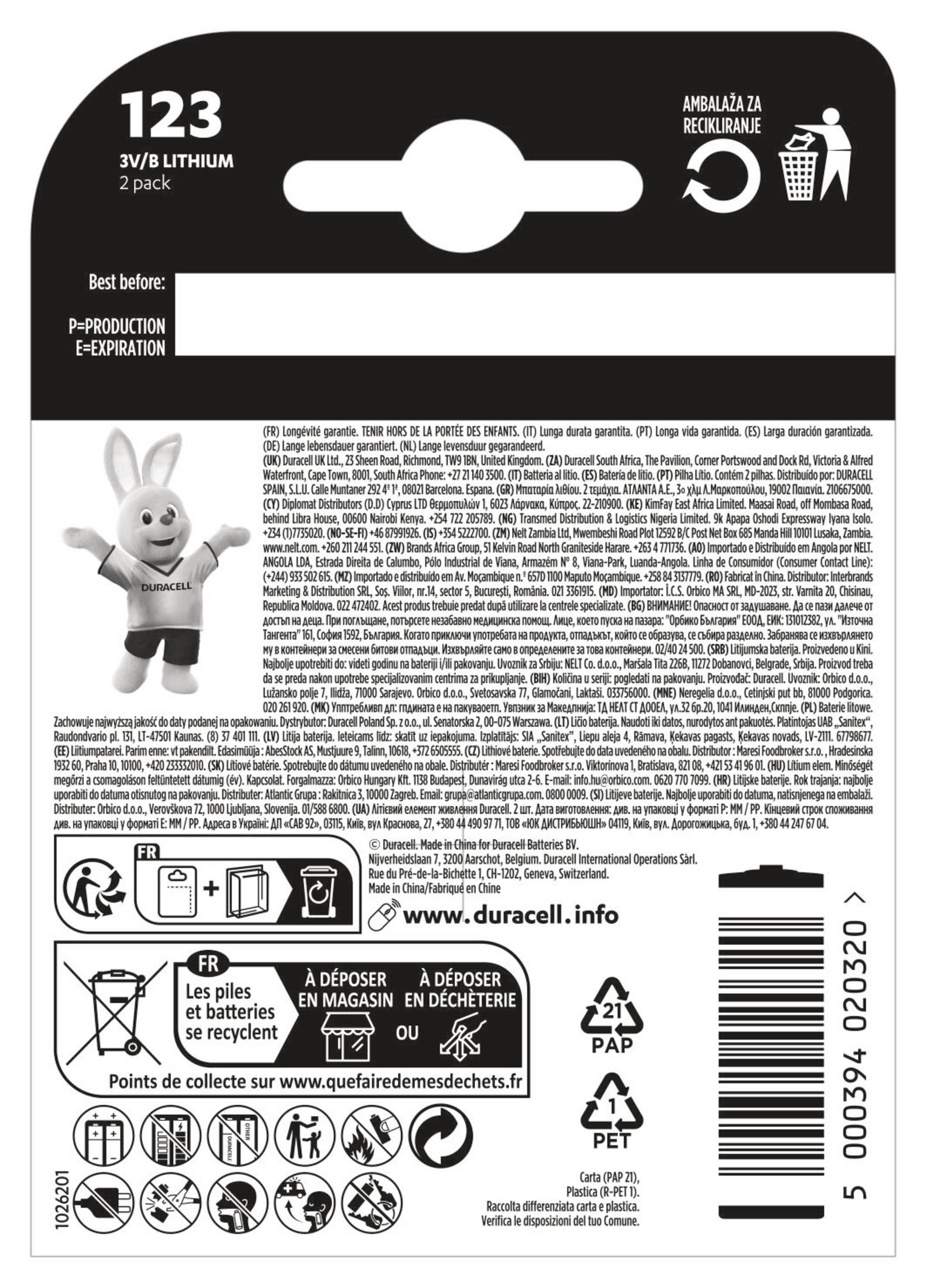 Pack de piles lithium Duracell 123 3V/B, dos avec texte.