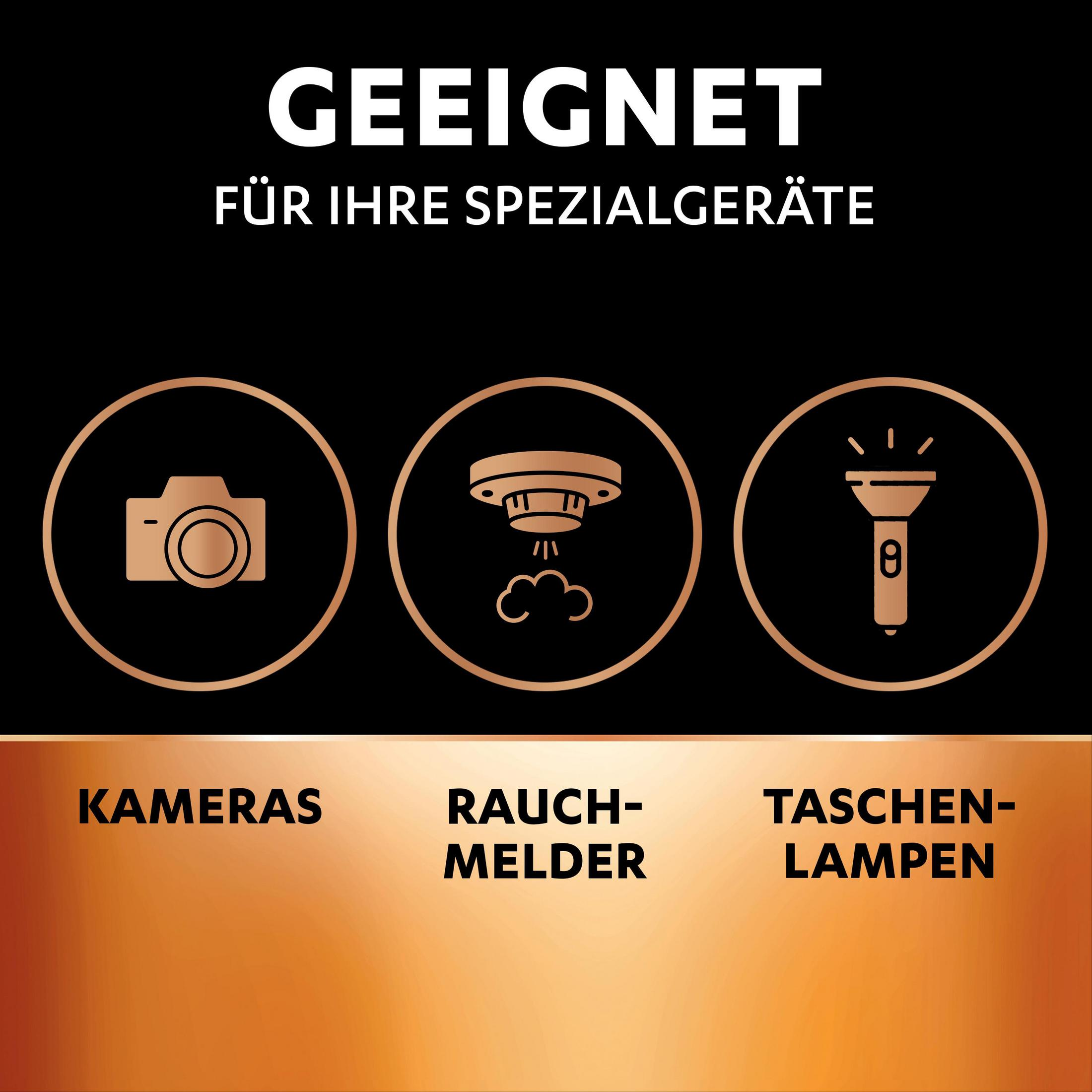 Image avec des icônes représentant un appareil photo, un détecteur de fumée et une lampe de poche, avec du texte allemand en dessous.