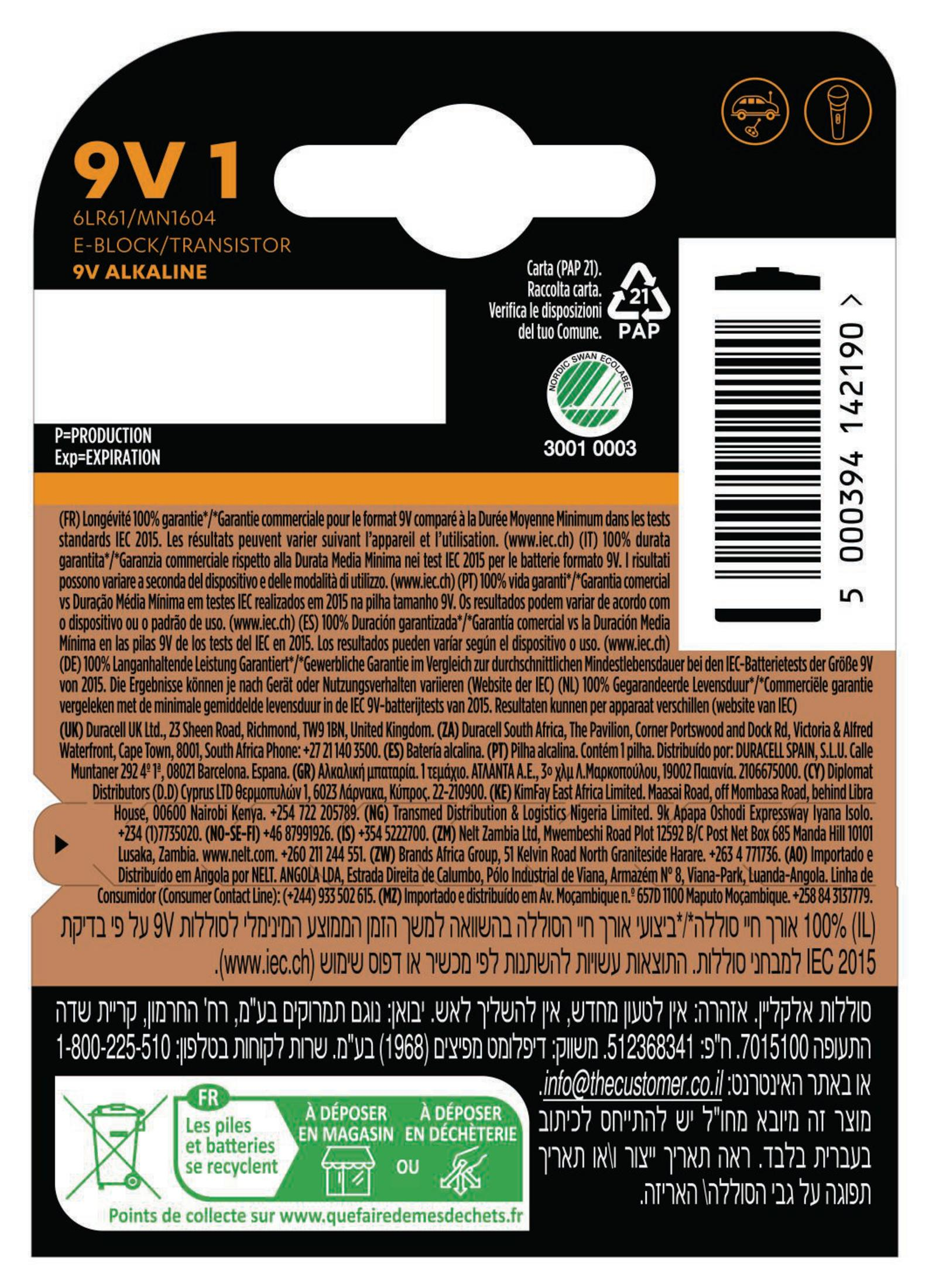 Tył opakowania baterii Duracell 9V z tekstem i symbolami.