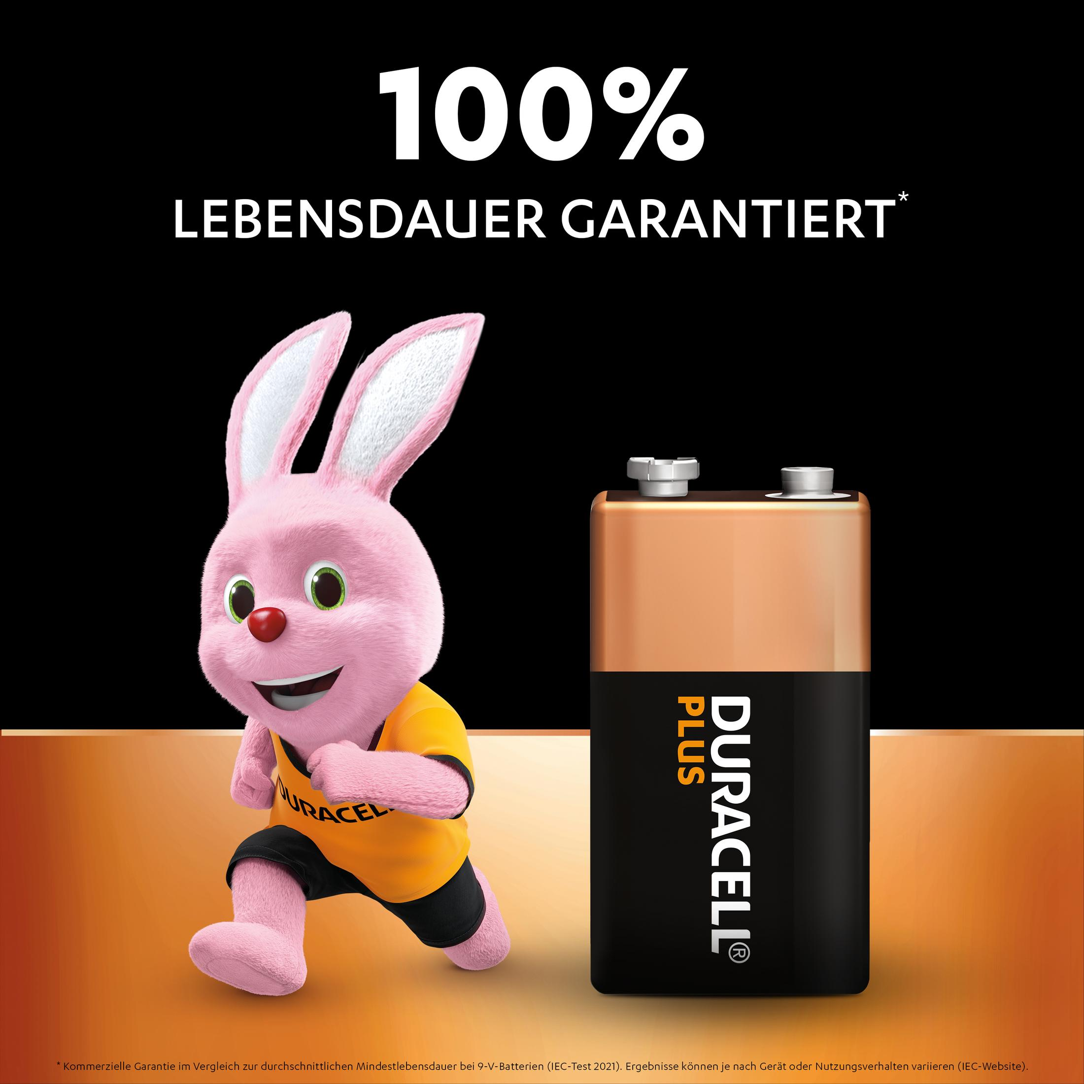 Bateria Duracell i różowy królik biegnący. Tekst mówi '100% Lebensdauer Garantiert', co oznacza dożywotnią gwarancję.