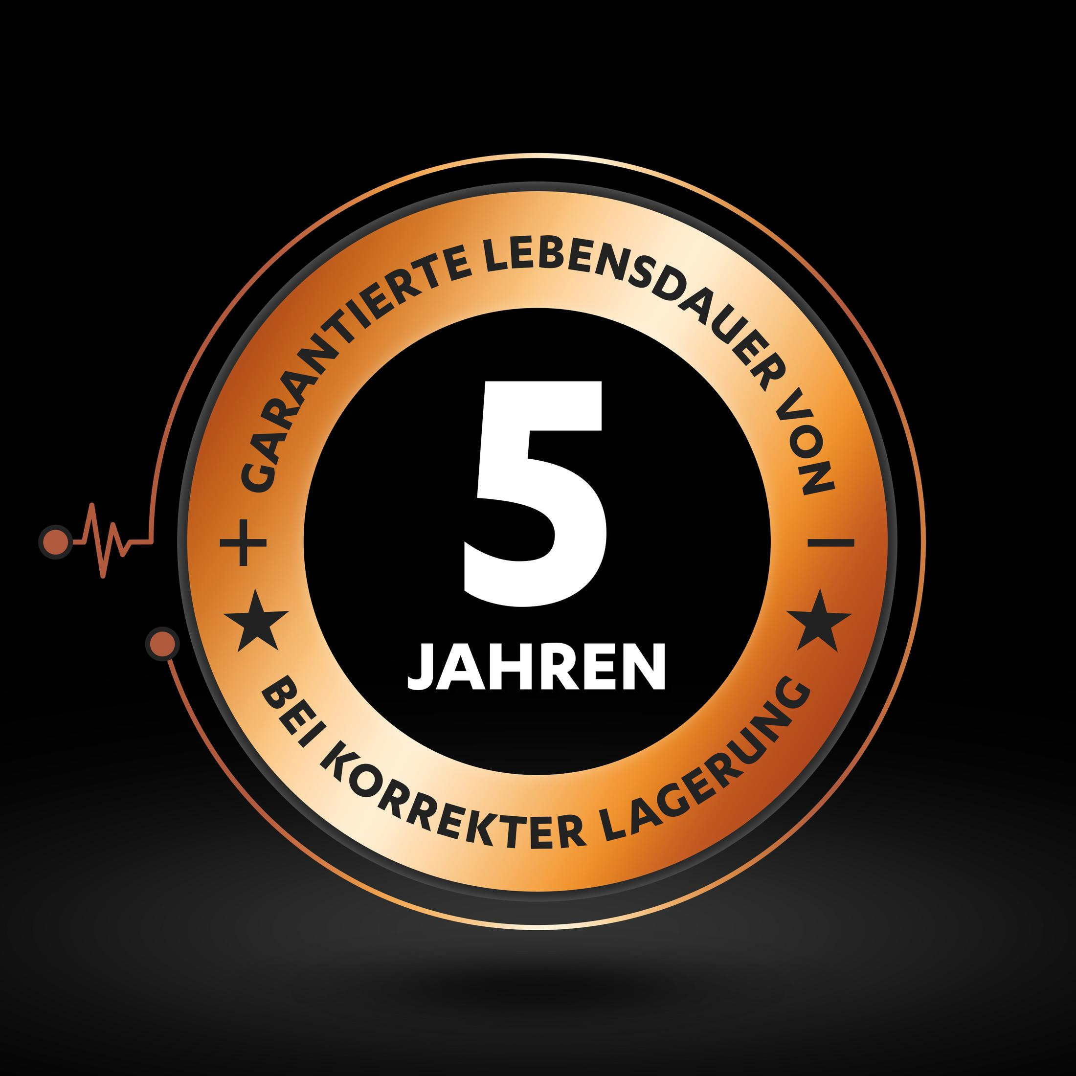 Złoto-czarny okrągły wzór z cyfrą 5 i tekstem: 'Garantierte Lebensdauer von 5 Jahren bei korrekter Lagerung'.