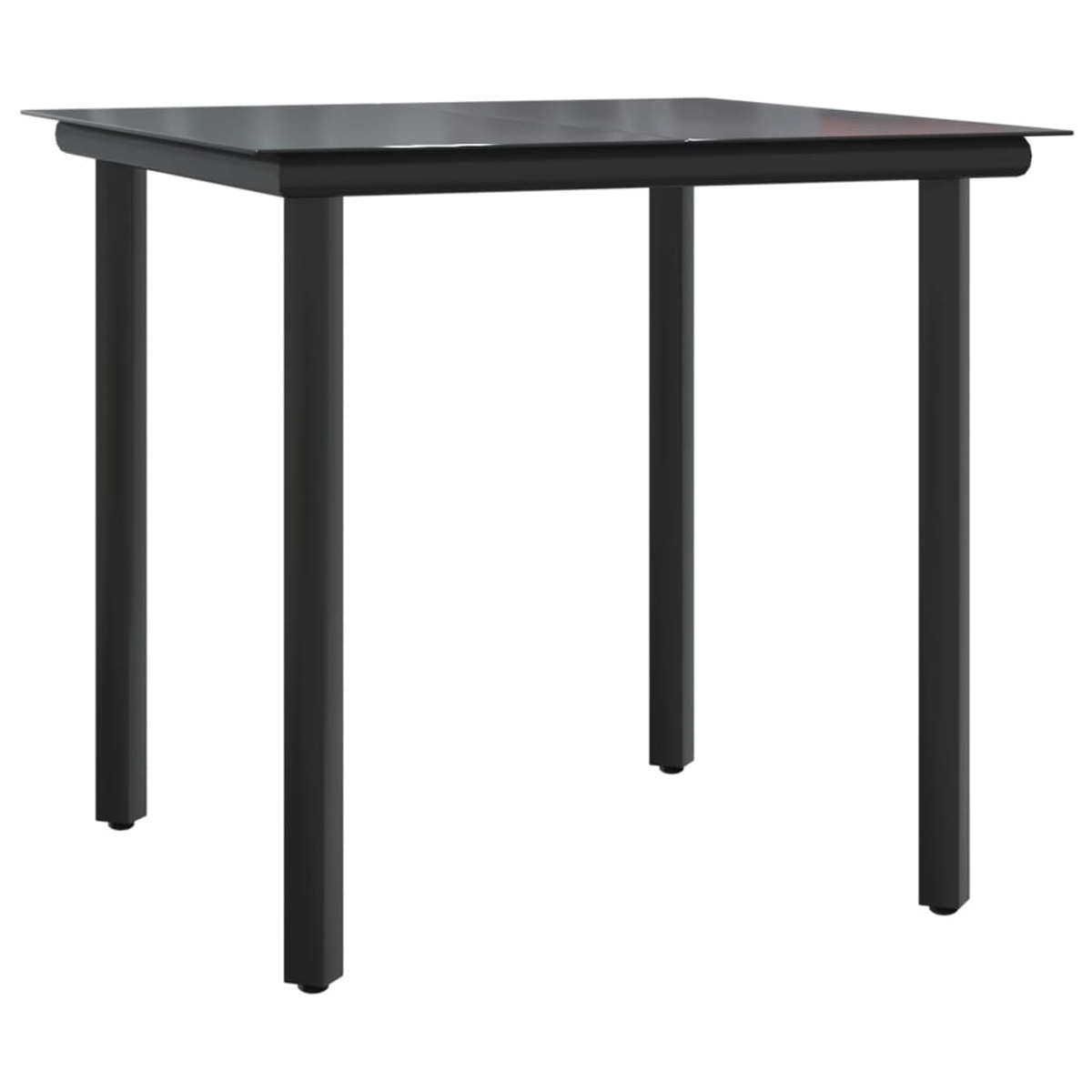 Schwarzer quadratischer Tisch mit vier Beinen auf weißem Hintergrund.