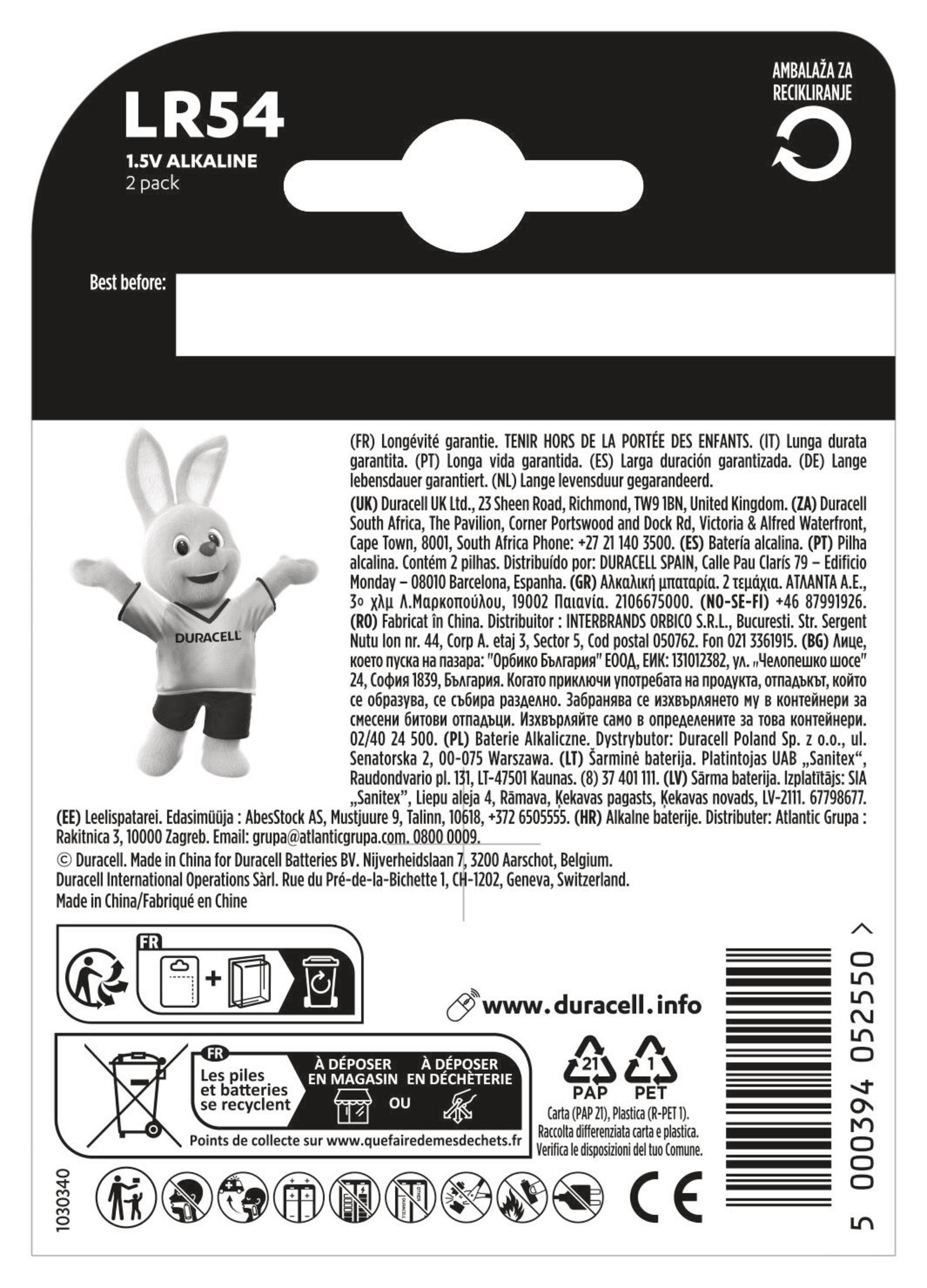 Tył opakowania baterii Duracell LR54 z tekstem i symbolami.