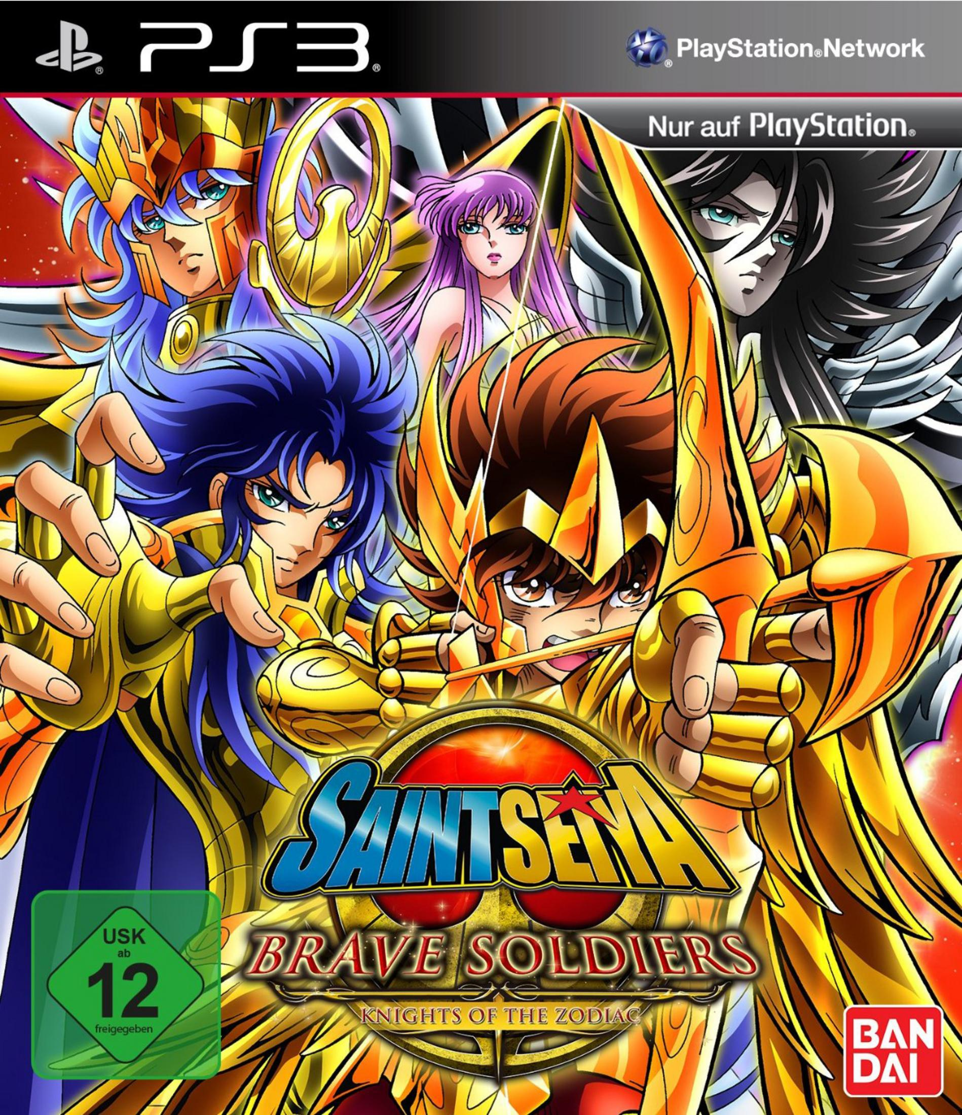 Spielcover: Anime-Charaktere in goldener Rüstung, Hauptheld mit Bogen. Spieltitel: Saint Seiya Brave Soldiers.