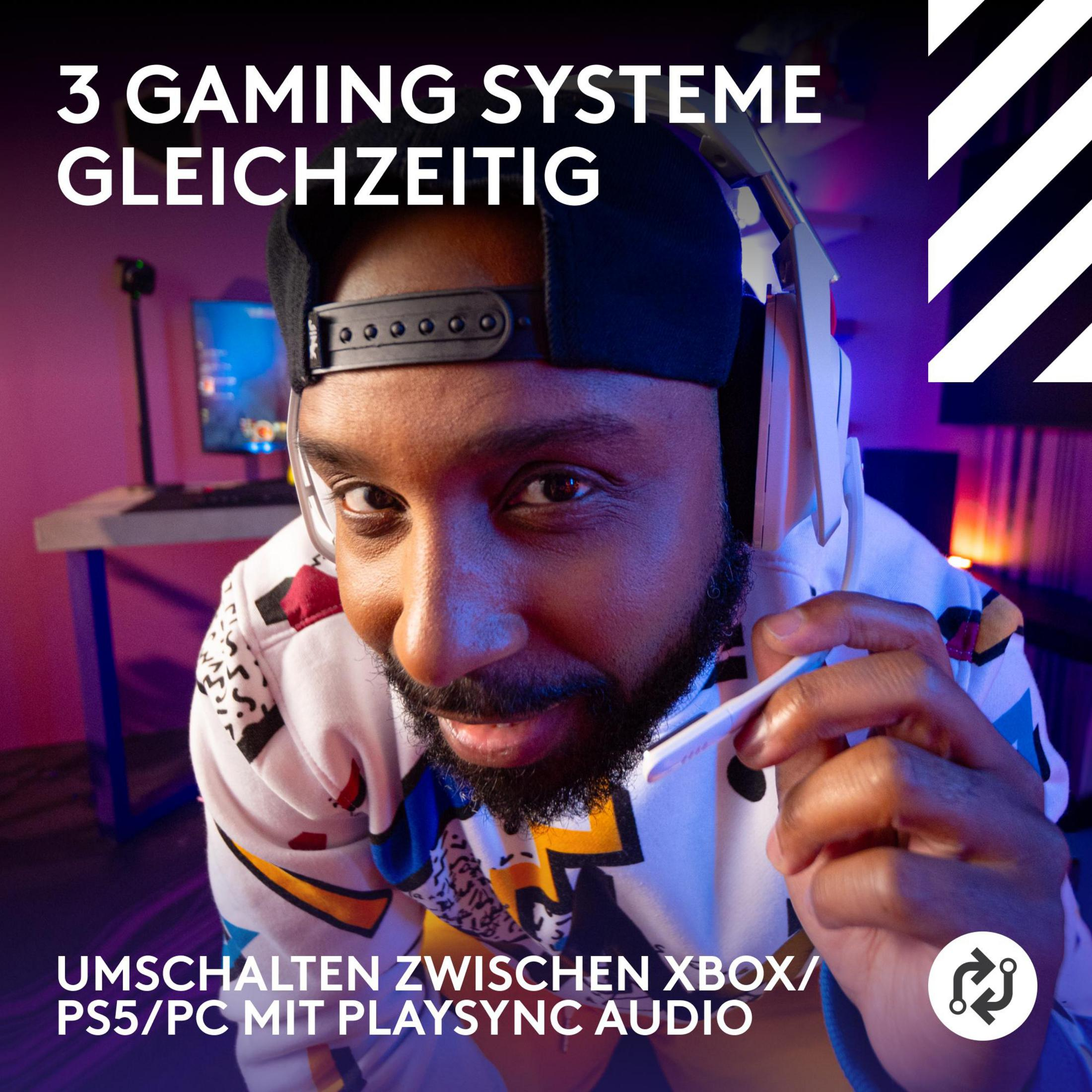 Mężczyzna w zestawie słuchawkowym. Tekst: 3 systemy do gier. Przełączaj między Xbox/PS5/PC z PlaySync audio.