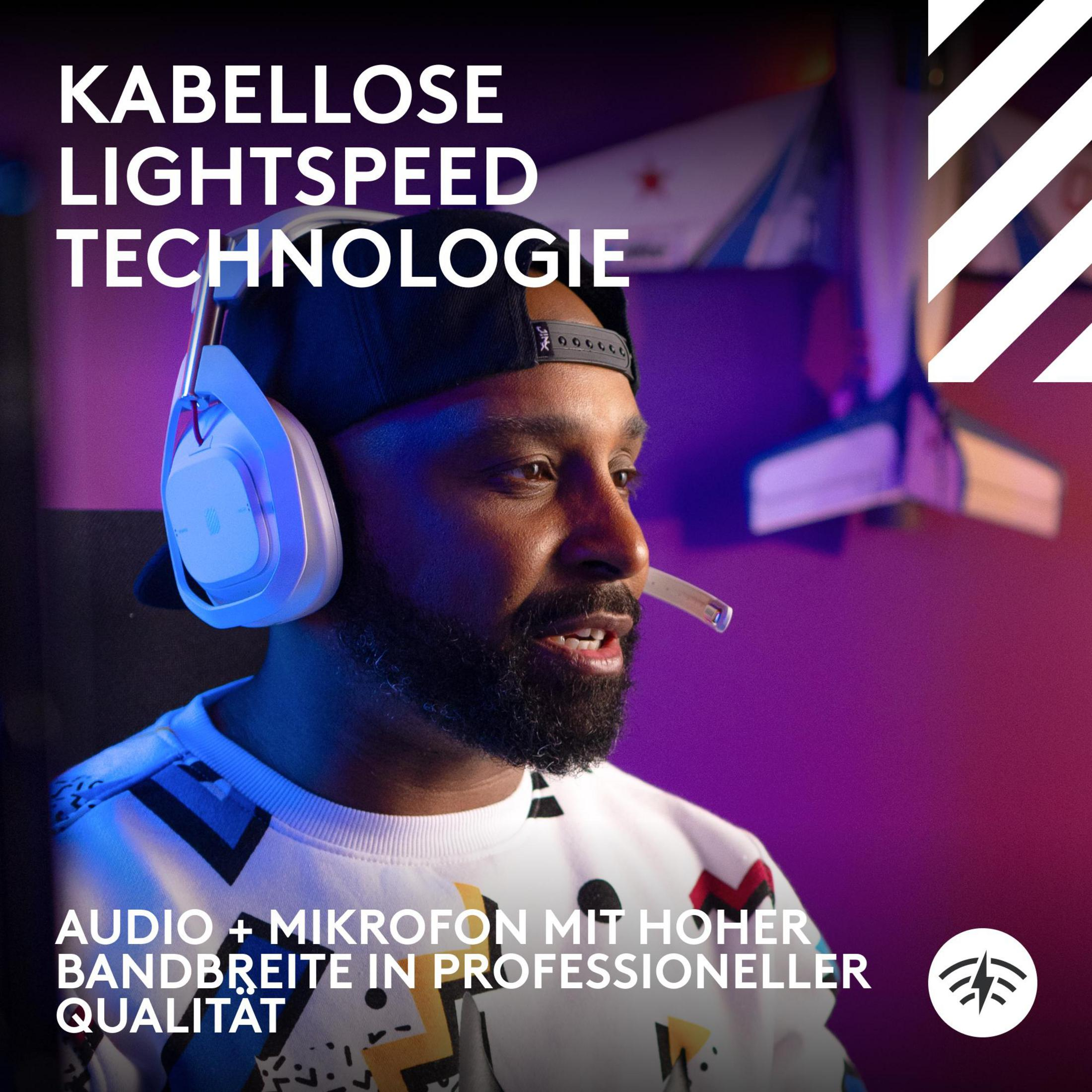 Mężczyzna w zestawie słuchawkowym. Tekst: Bezprzewodowa technologia Lightspeed. Wysokiej jakości audio + mikrofon w profesjonalnej jakości.