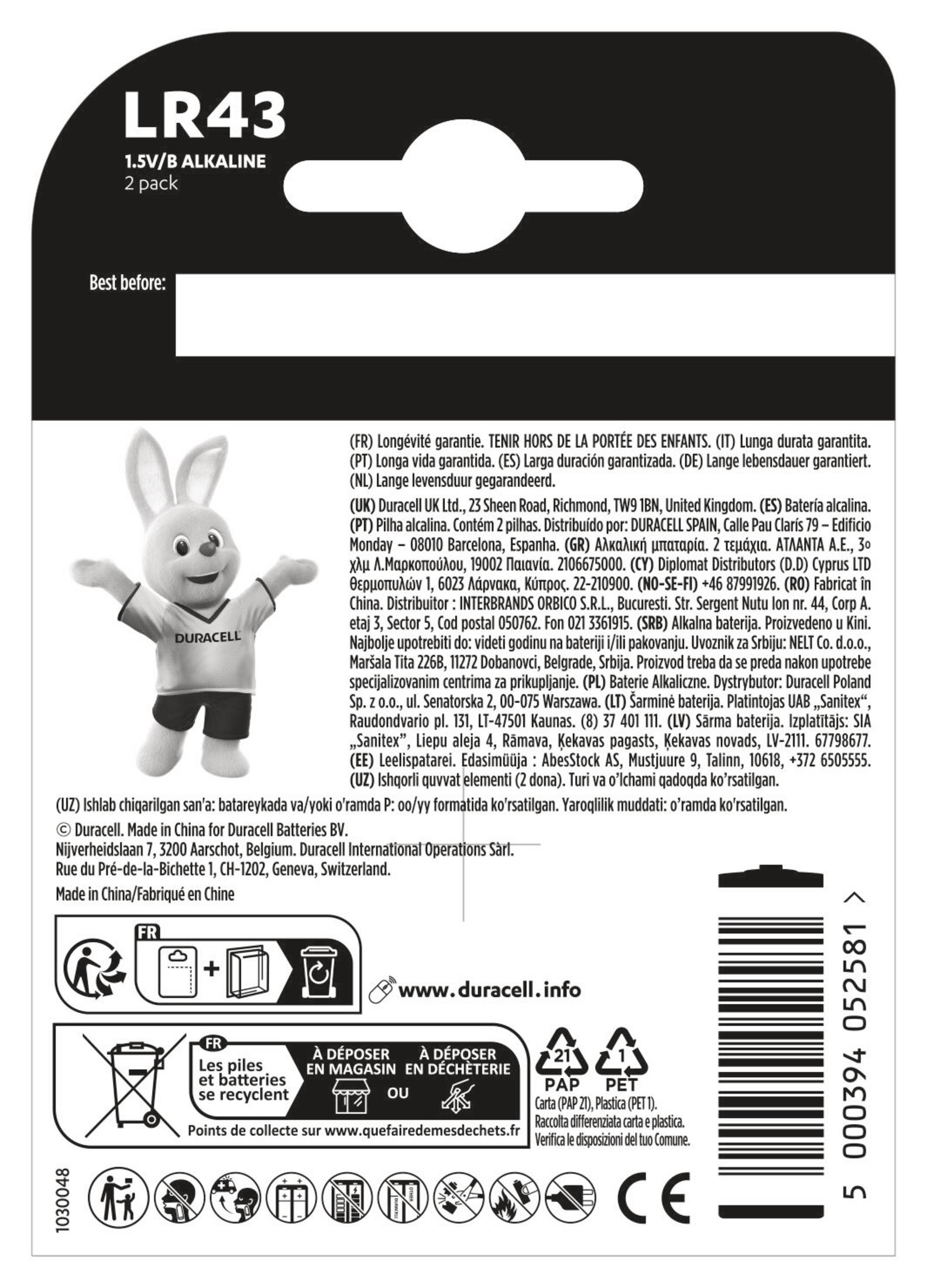 Tył opakowania baterii Duracell LR43. Zawiera wiele języków i informacje o produkcie.