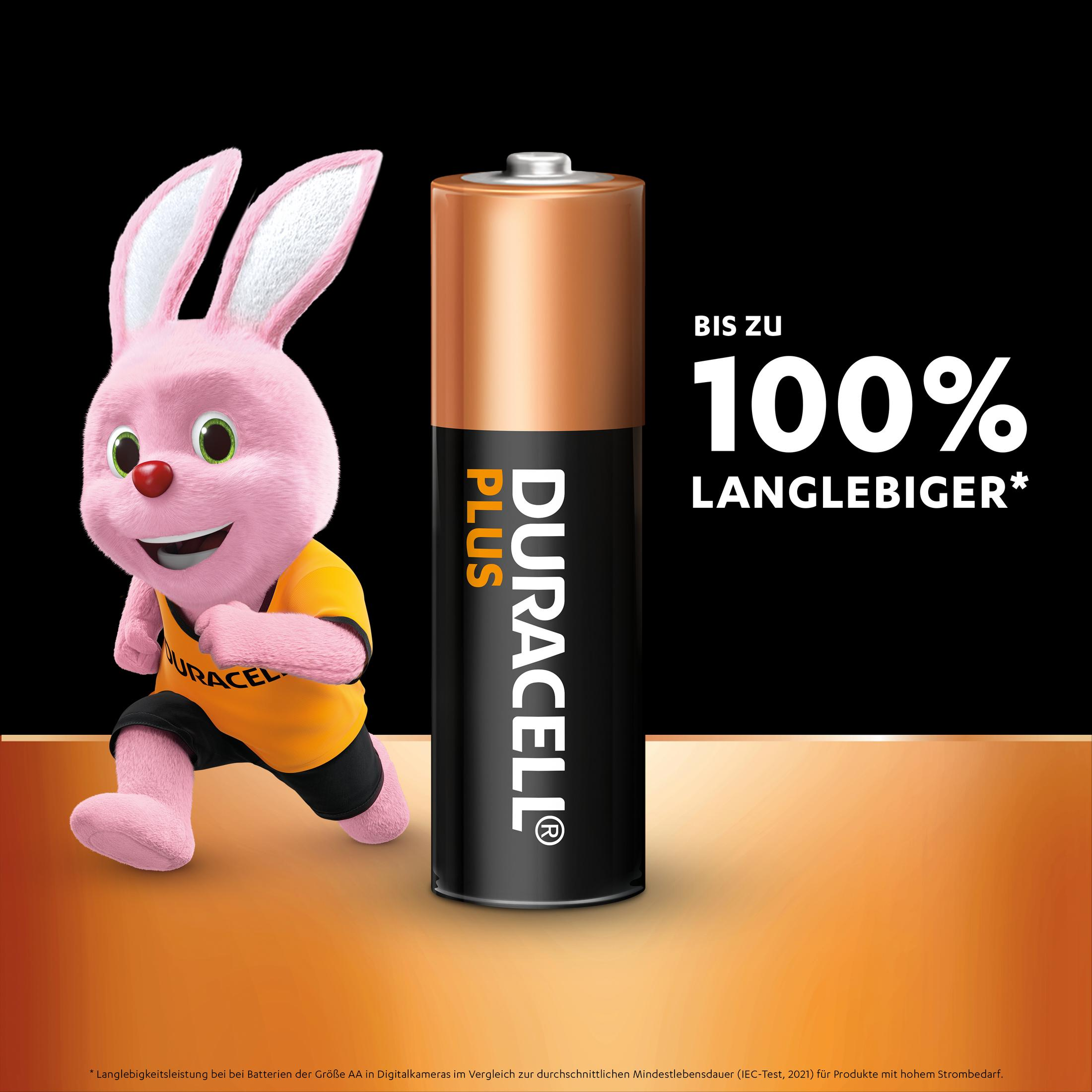 Bateria Duracell z biegnącym różowym królikiem. Tekst: Do 100% dłuższa żywotność.